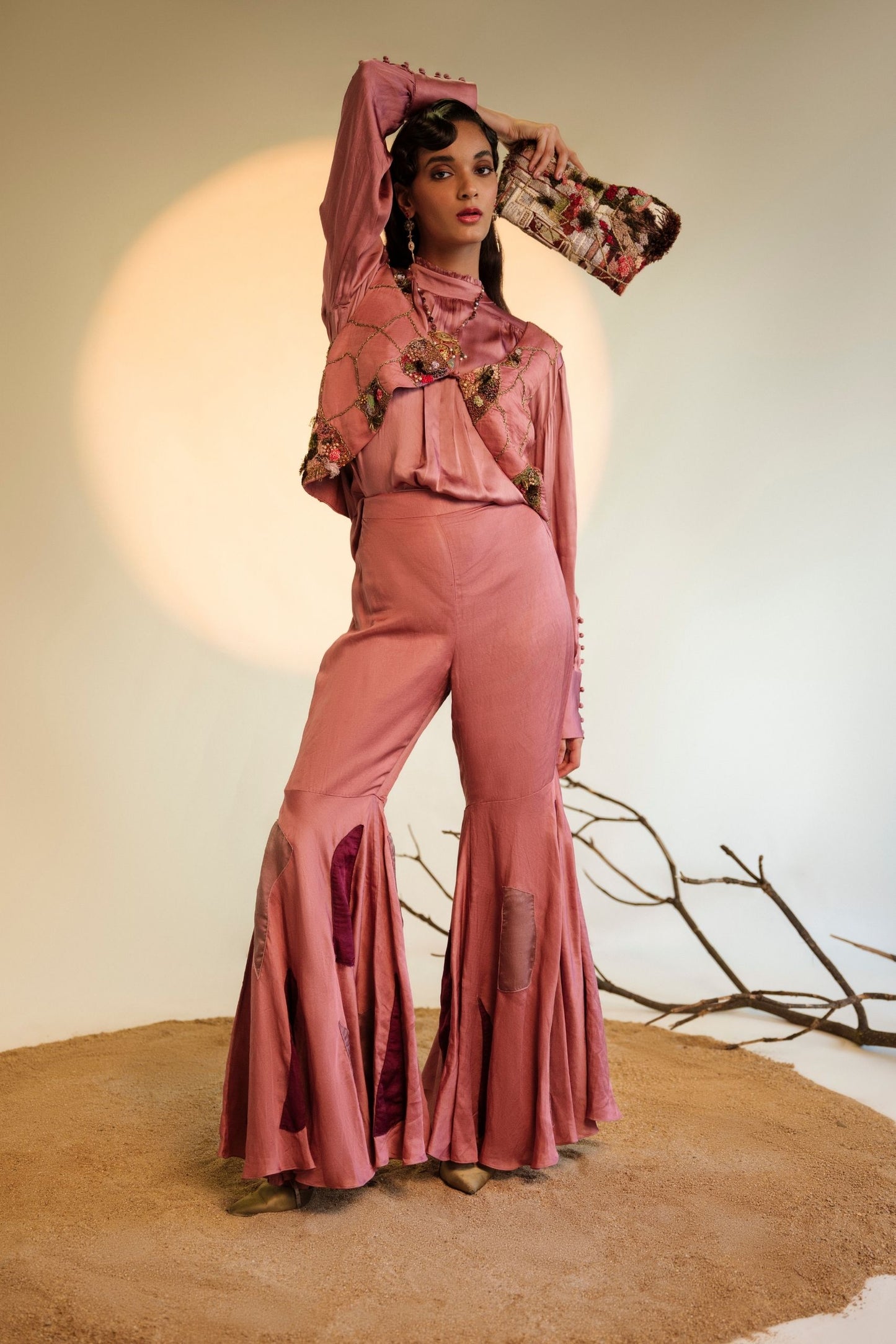 Mesa Embroidered Jacket, Shirt & Gharara Set - Pink Embroidered Gharara with Handmade Buttons and Delicate Threadwork