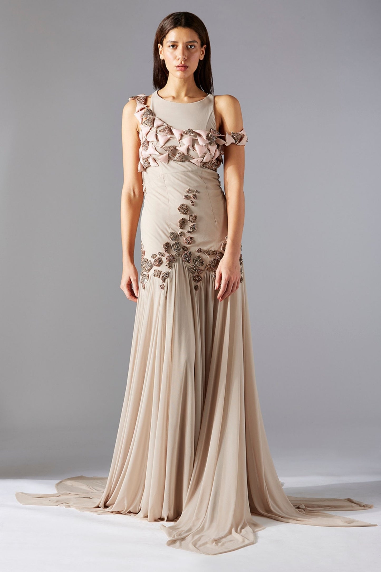 Stunning trumpet flare icicle gown with freckled bead handwork, offering designer elegance and modern style for women