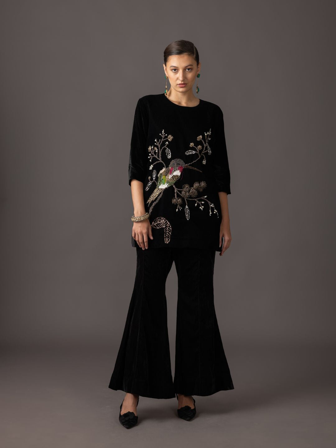 Humming Bird Velvet Kurta Set with 3D Zardosi Embroidery - Luxury Ethnic Wear for Women