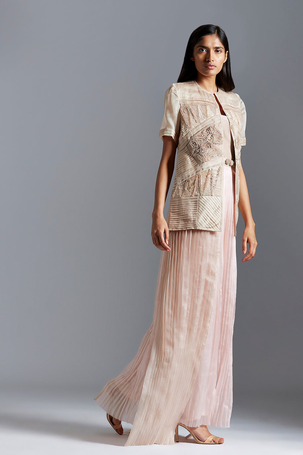 Designer sheer jacket with fabric details and pleated tube dress for women, a perfect stylish set