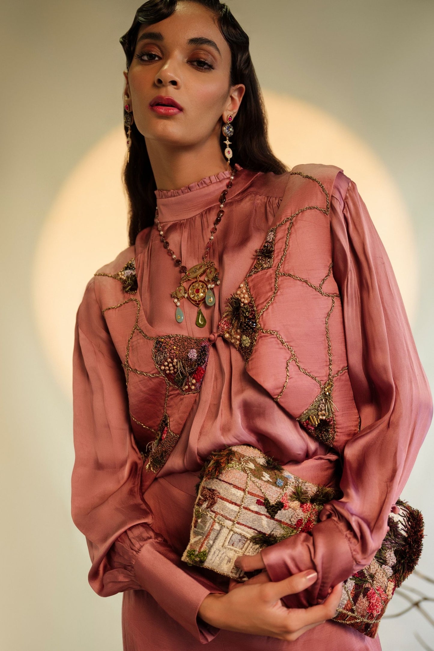 Focus View on Threadwork and Beads on Mesa Pink Embroidered Gharara Set