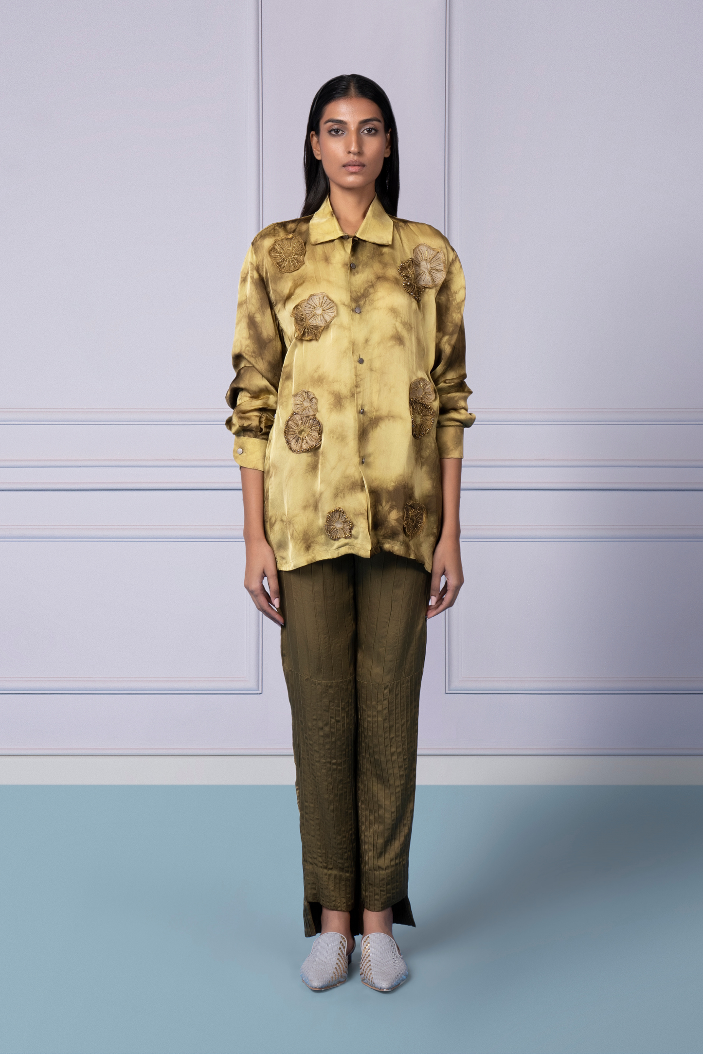 Stylish tie-dye shirt with mushroom embroidery paired with pintuck pants for women, perfect for modern fashion