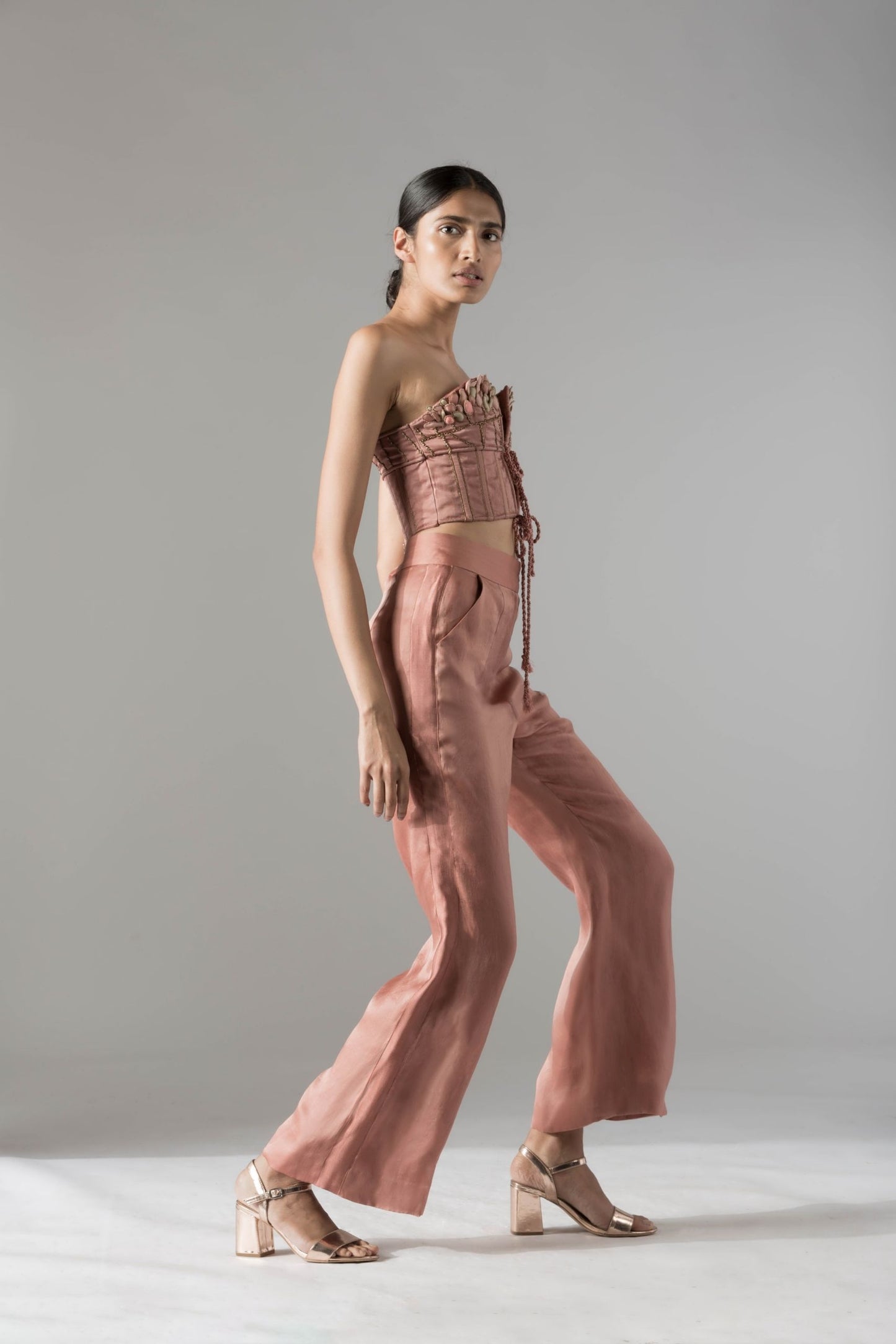 Side view of the Maze Scrawled top pant set for women, highlighting the modern high-waisted silhouette and the elegant flow of the pants paired with the abstract embroidered top