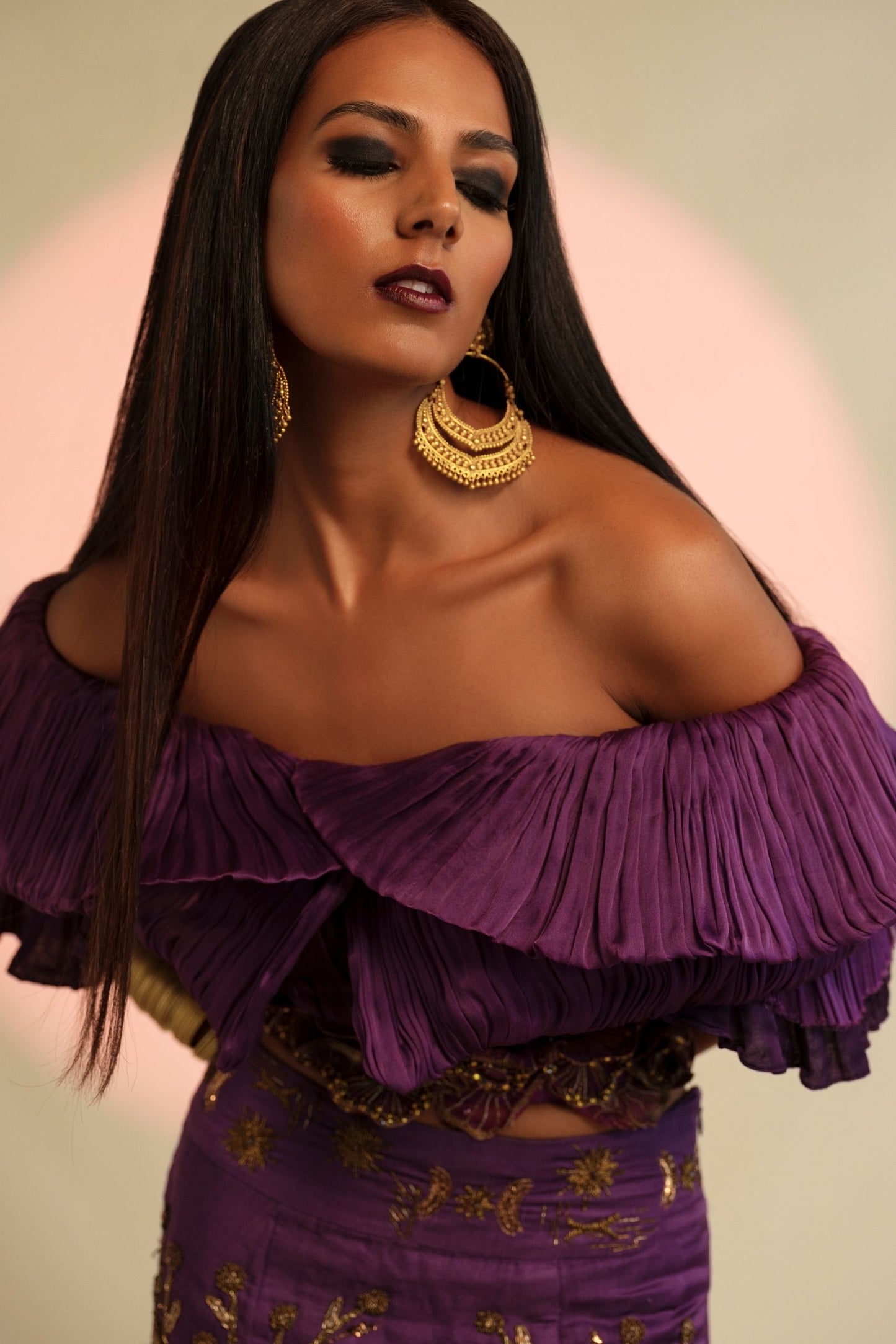 Purple Gill Fungi Textured Designer Off-Shoulder Crop Top with layered ruching and structured silhouette for women