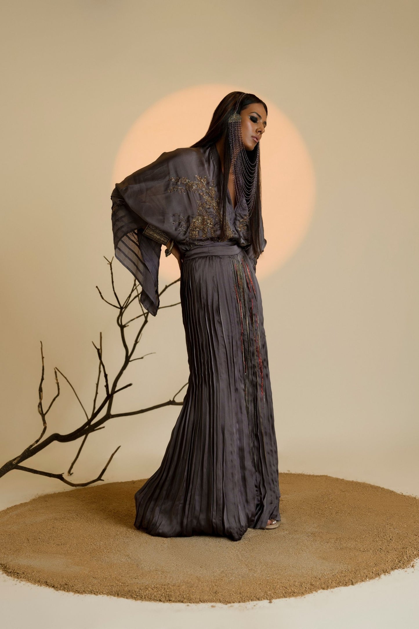 Full view of the embroidered Jaipur motifs on the Shikhar Baugh Charcoal Kimono Top, showcasing the intricate design