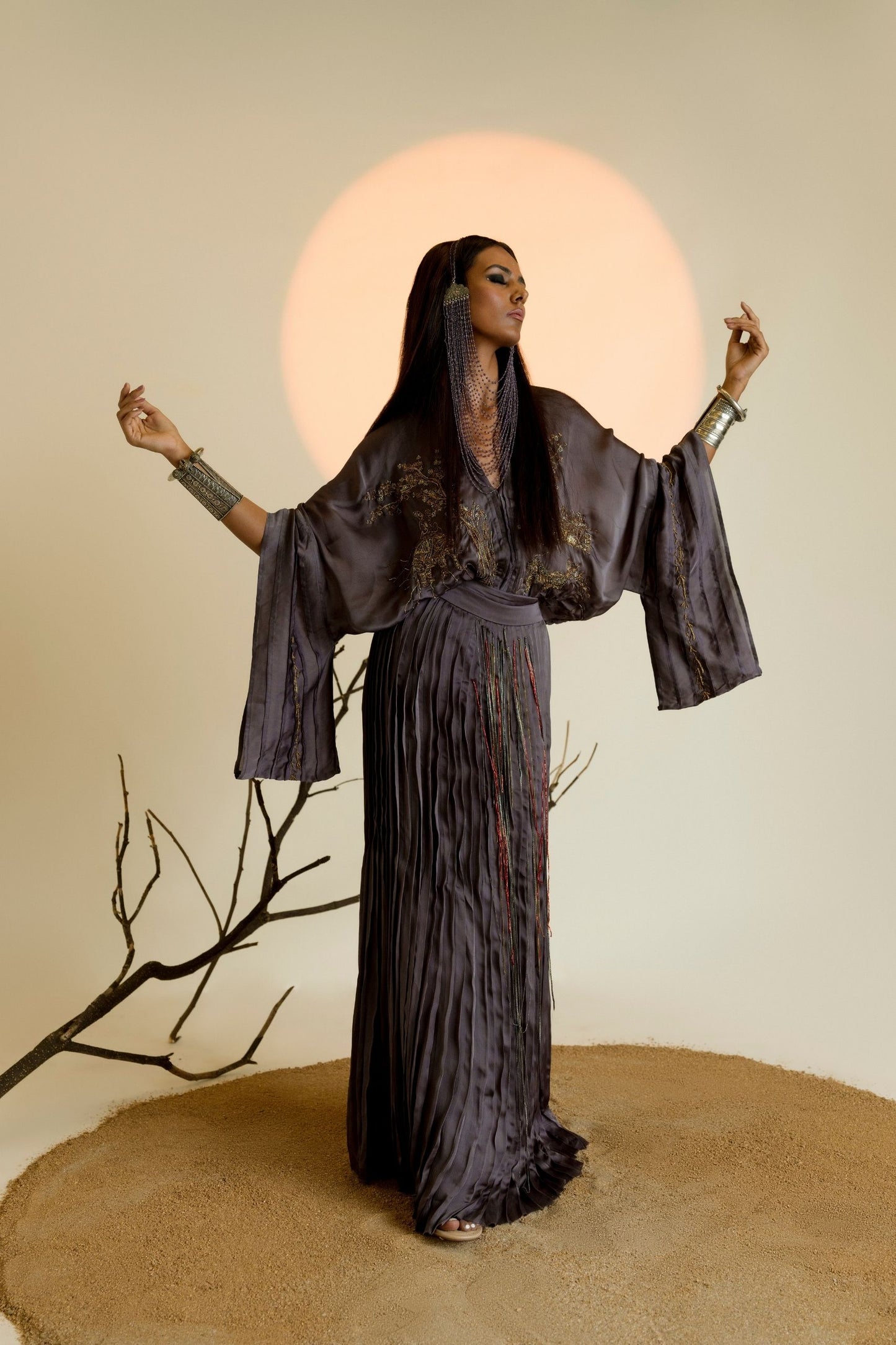 Full view of the Shikhar Baugh Charcoal Kimono Top and pleated skirt set, highlighting the elegant and custom design