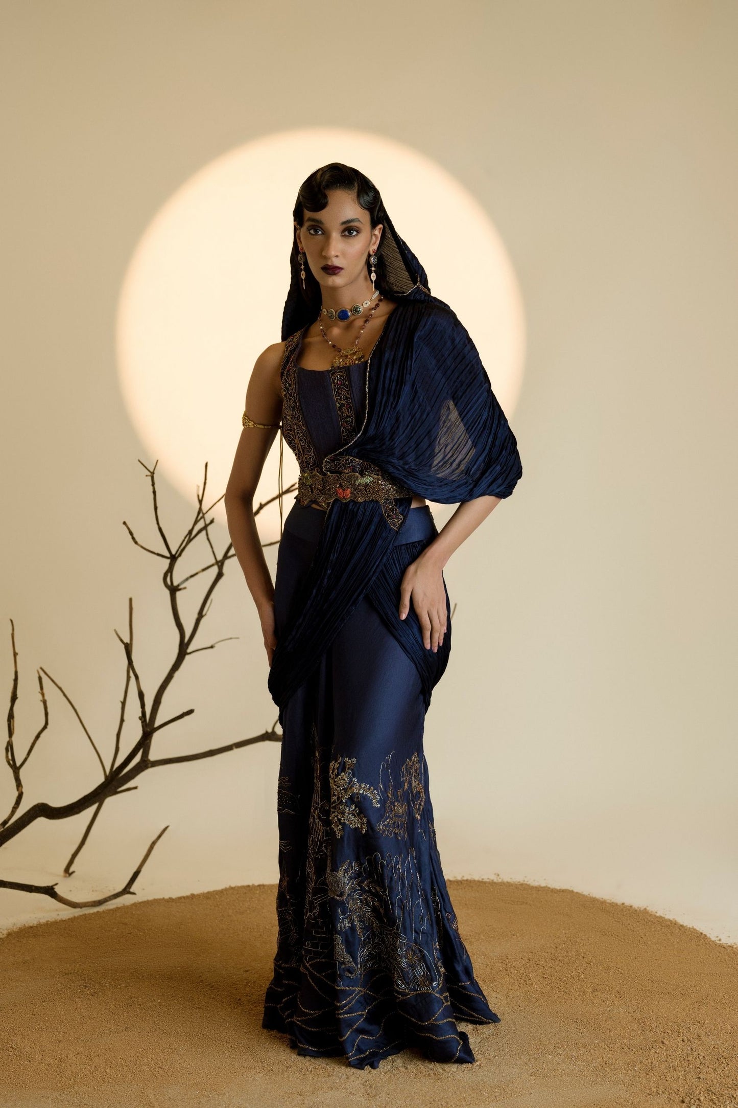 Shikharbaugh Navy Blue Lehenga Set with 3D animal motifs and metallic embroidered dupatta