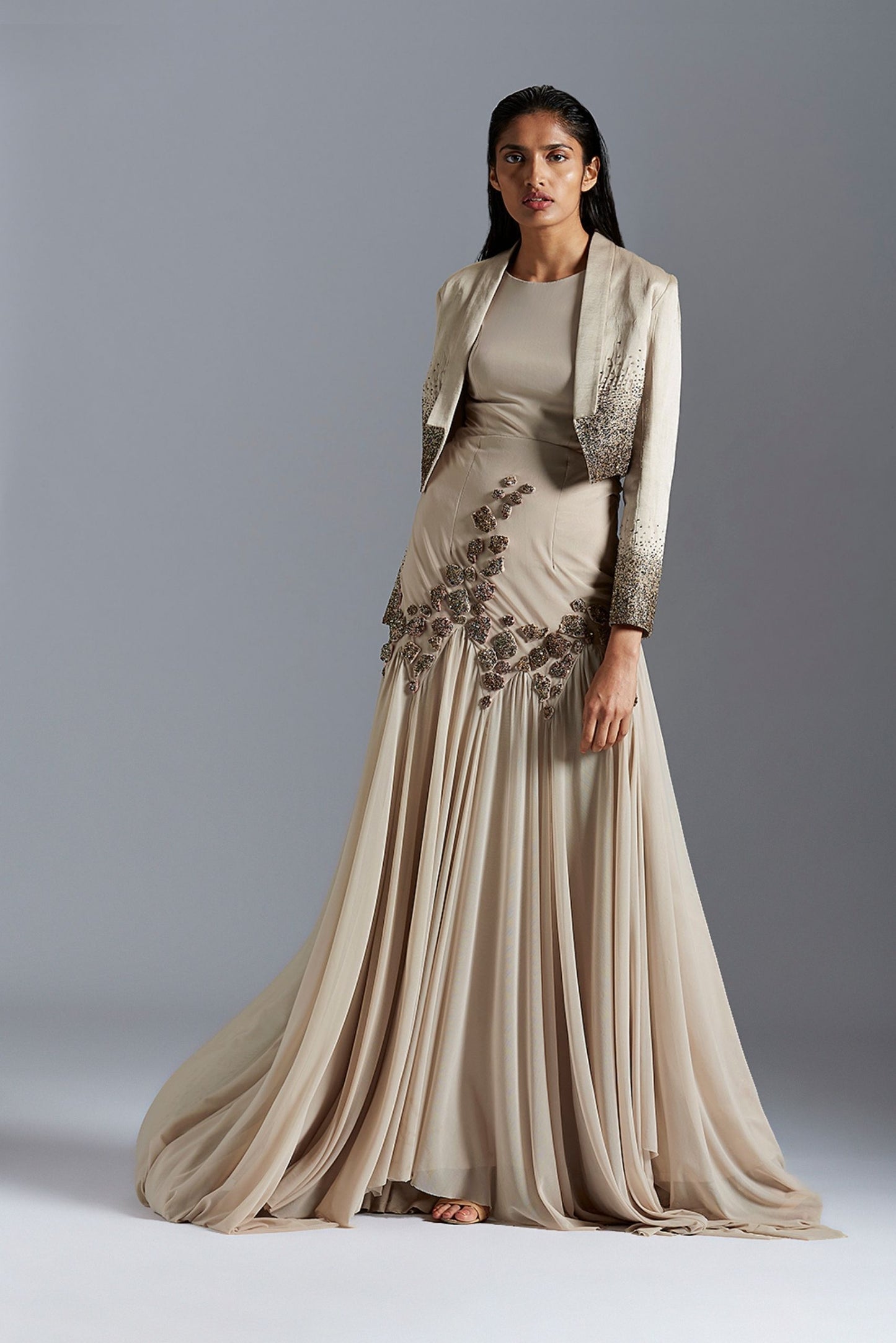 Elegant couture gown with beaded tuxedo jacket, perfect for any formal or elegant occasion, featuring exquisite embroidery for women