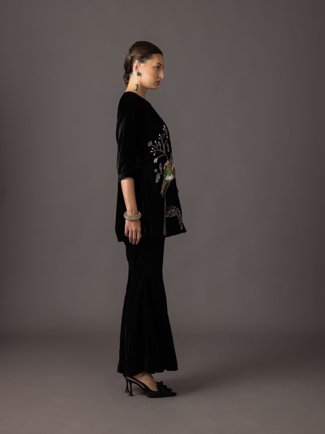 Side View of Humming Bird Velvet Kurta Set - Elegant Embroidery and Rich Velvet Texture