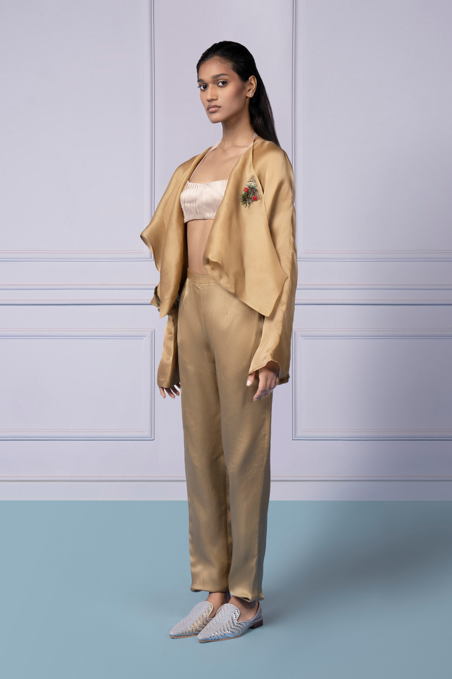 Stylish Misfit jacket, bralette, and organza pants set for women, featuring a tailored silhouette and handmade embroidery