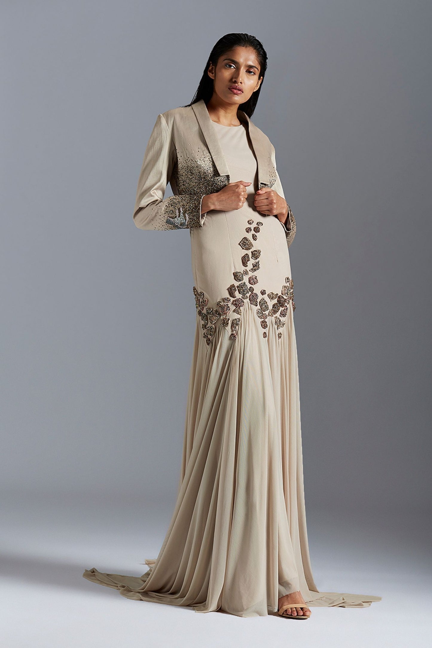 Couture gown with beaded tuxedo jacket, perfect for women’s formal events, showcasing luxurious embroidery