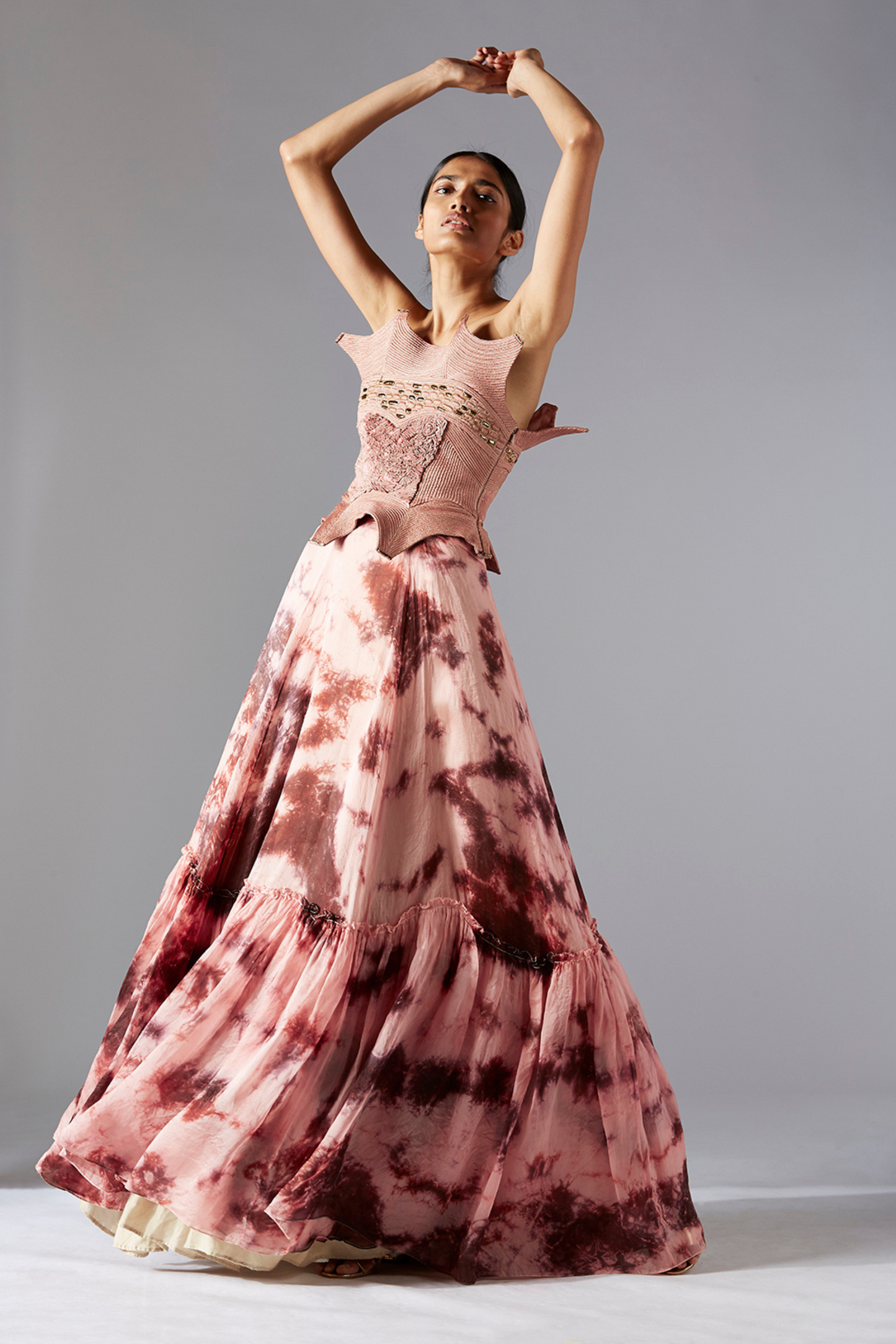 Corset and skirt set for women featuring inlaid dori work with a flared batik skirt in satin organza