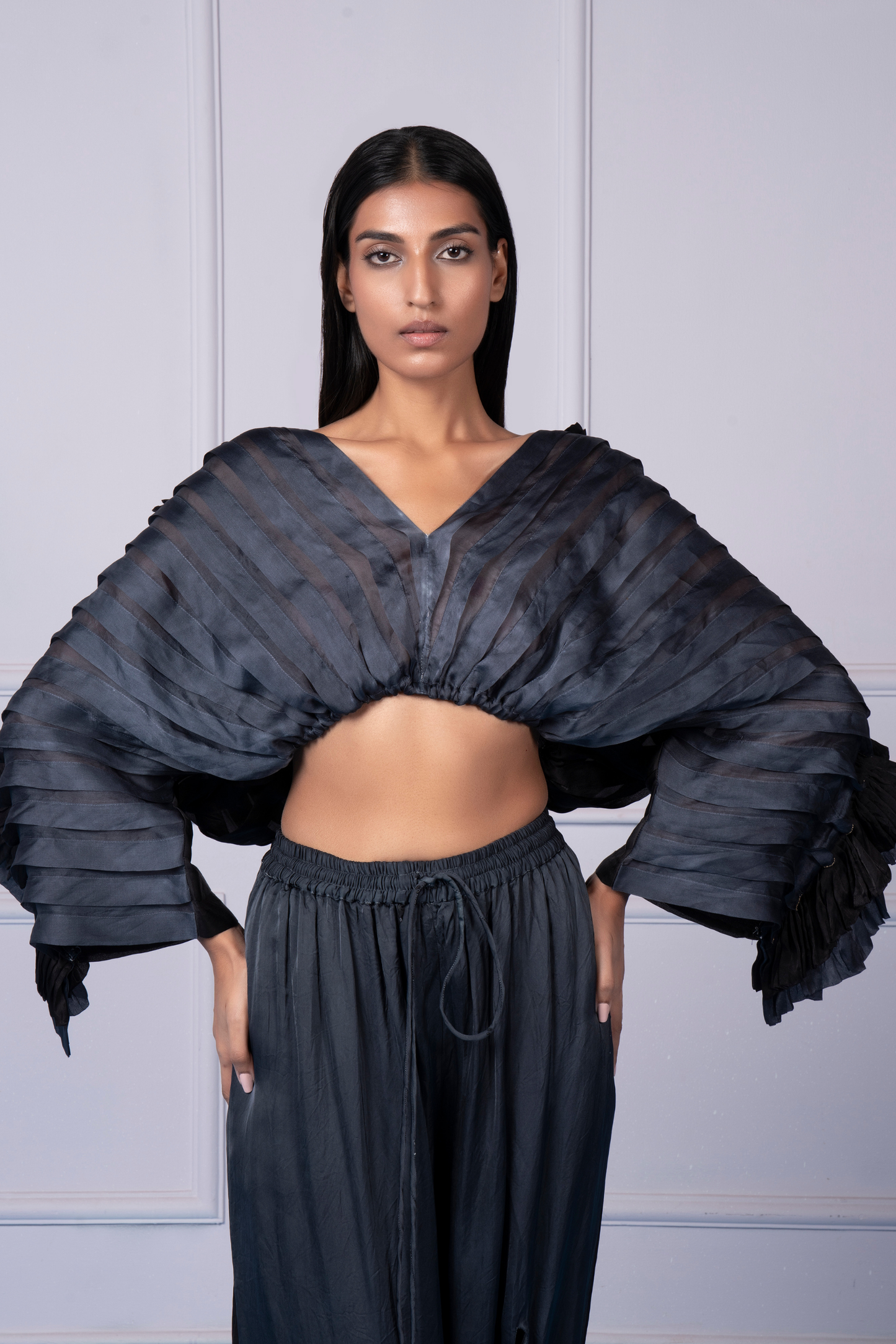Close-up view of the pleated satin organza fabric on the Mushroom top