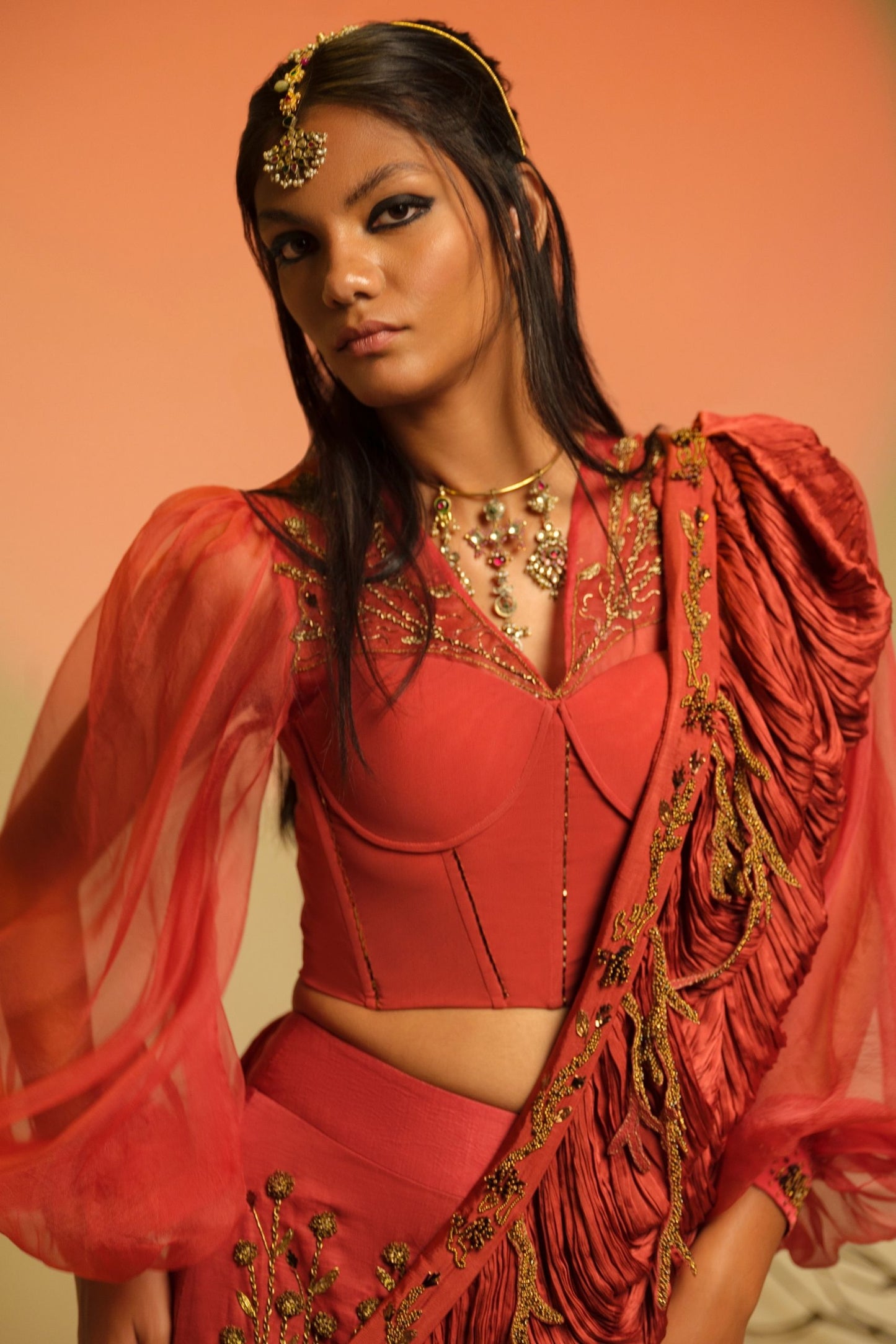 Close-up of 3D Zardosi Embroidery on Layered Skirt from Elegant Sari, Corset Blouse & Skirt Set