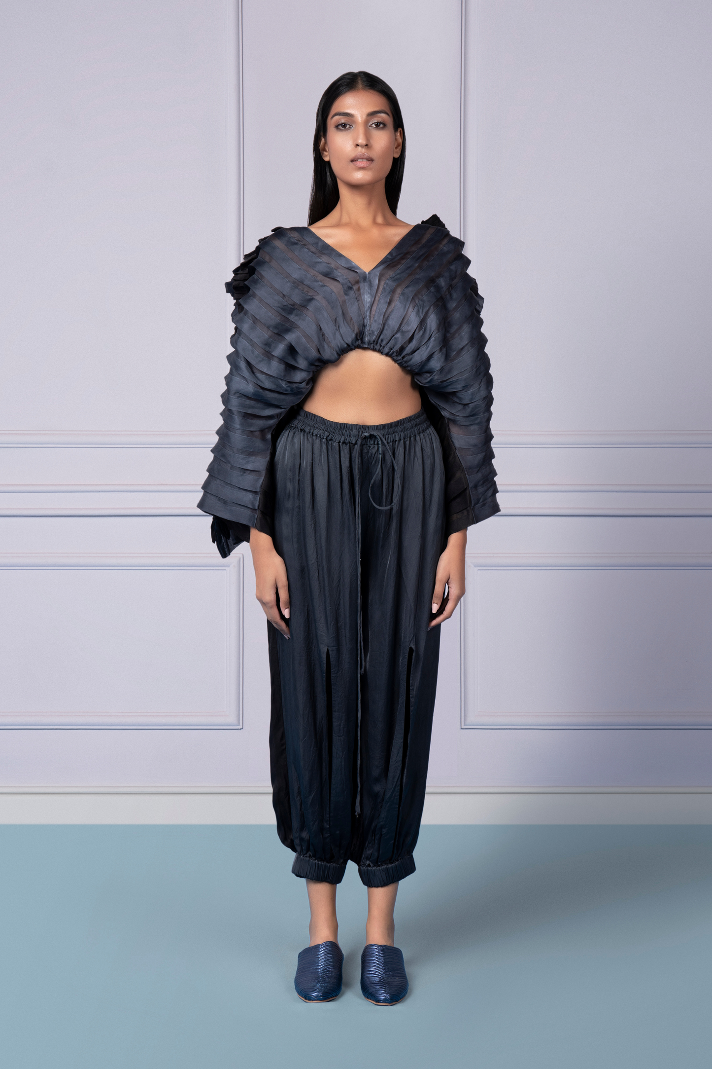 Pleated satin organza Mushroom top paired with classic joggers featuring slit openings and elastic waist for women