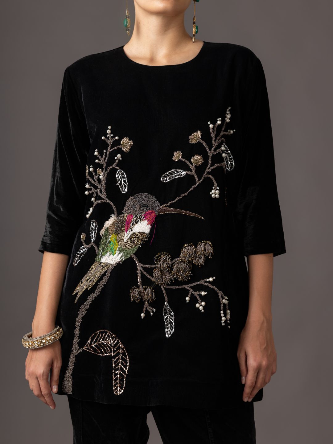 Detailed View of 3D Zardosi Embroidery on Humming Bird Velvet Kurta - Designer Ethnic Outfit