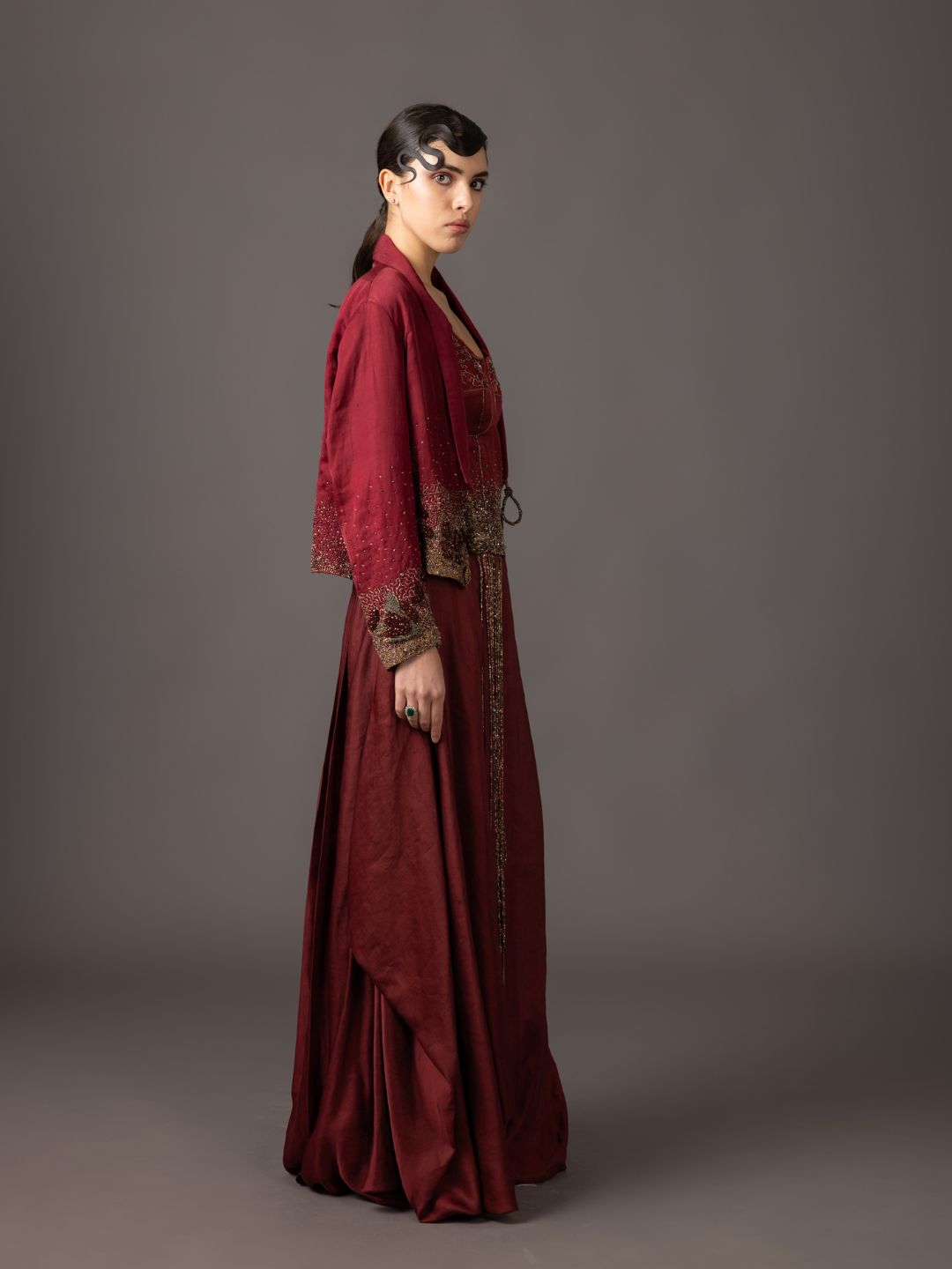 Maroon Embroidered Tuxedo Jacket & Corset Gown Set - Sophisticated Designer Evening Wear