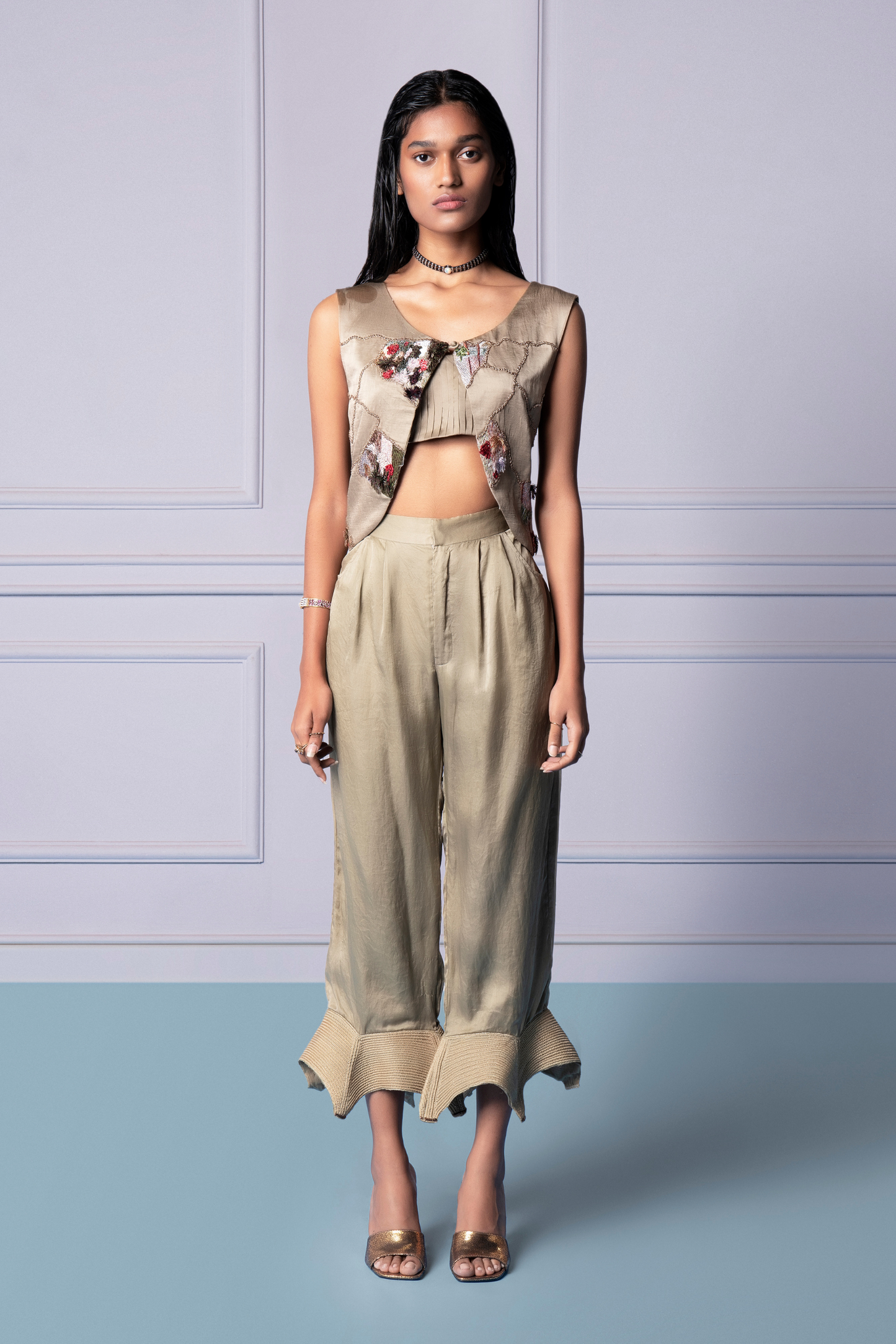 Designer waistcoat with Jacobean handwork paired with modern luxury pants for women, perfect for a chic and stylish look