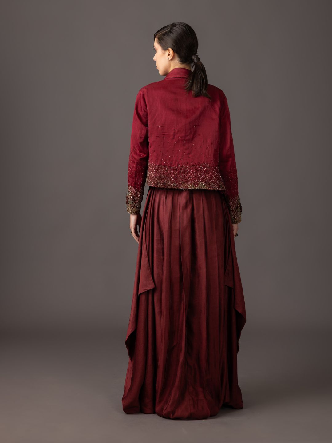 Back View of Maroon Embroidered Tuxedo Jacket & Corset Gown - Sophisticated Evening Wear for Women