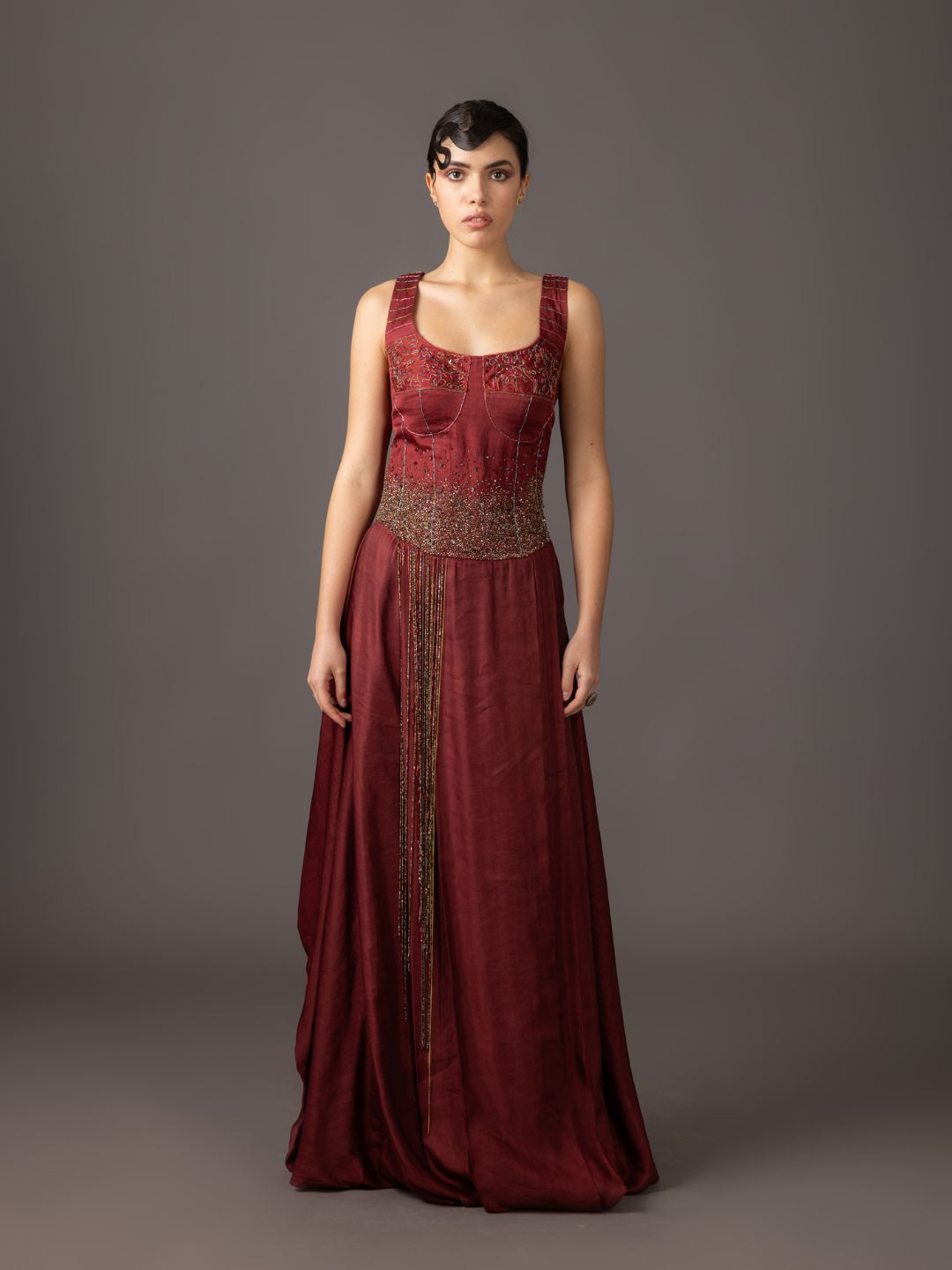 Roma Corset Gown with Pleated Skirt in Maroon - Luxury Women's Designer Gown