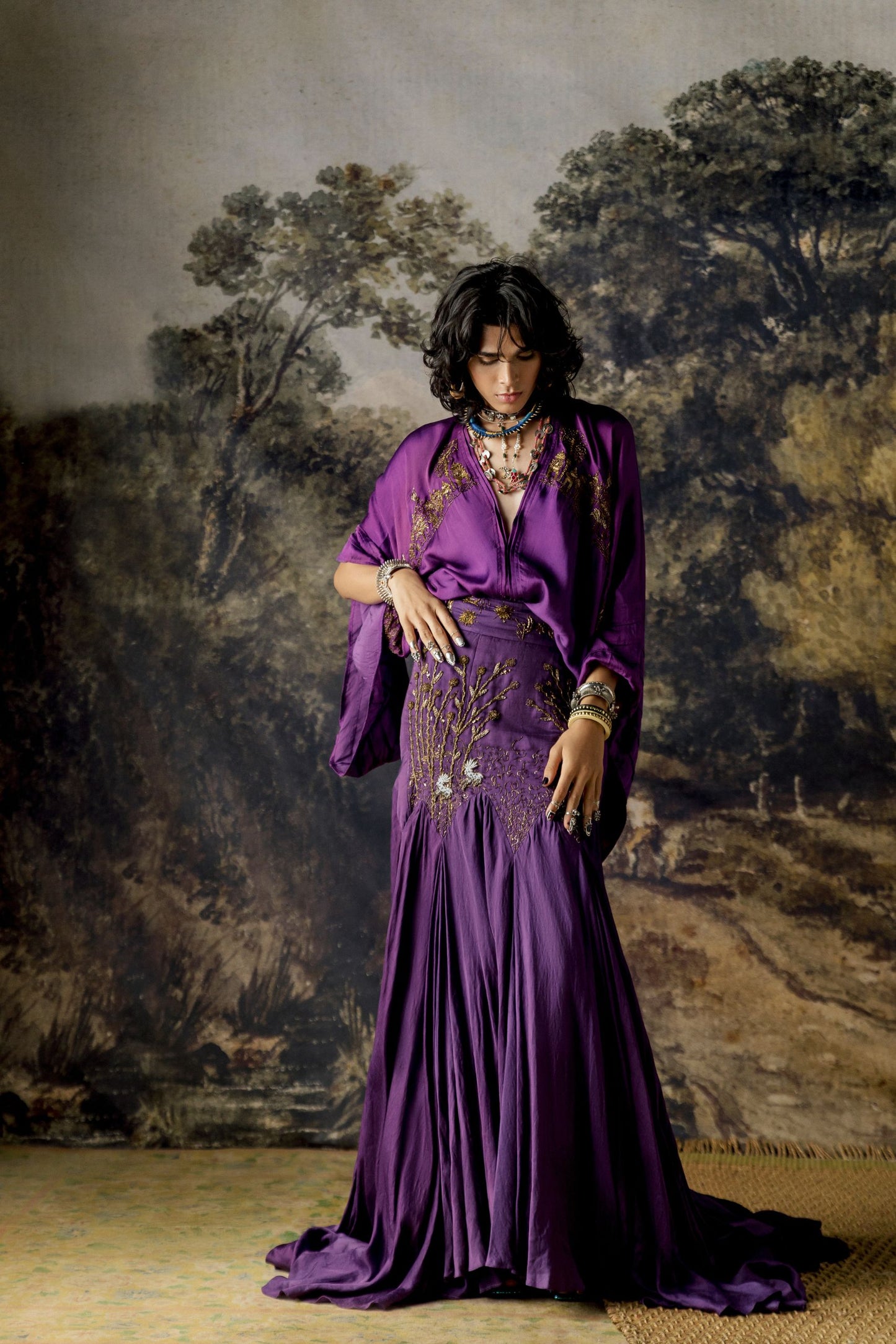Elegant Lehenga Set for Women - Featuring a Gold-Embroidered Kimono Top, Layered Lehenga, and Pre-Draped Dupatta