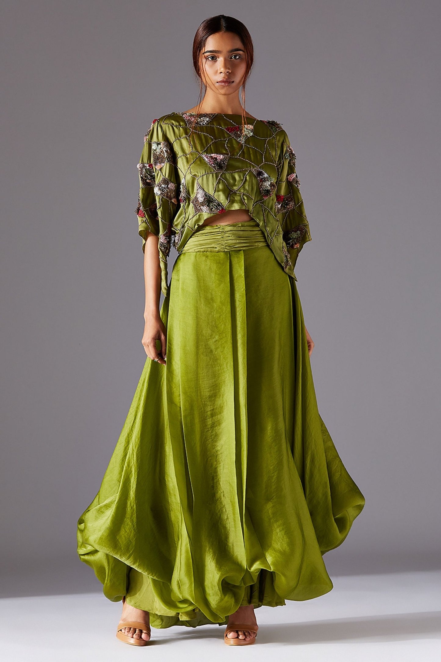 Green Satin Crop Top with Jacobean Embroidery & Draped Organza Skirt - Designer Women's Wear