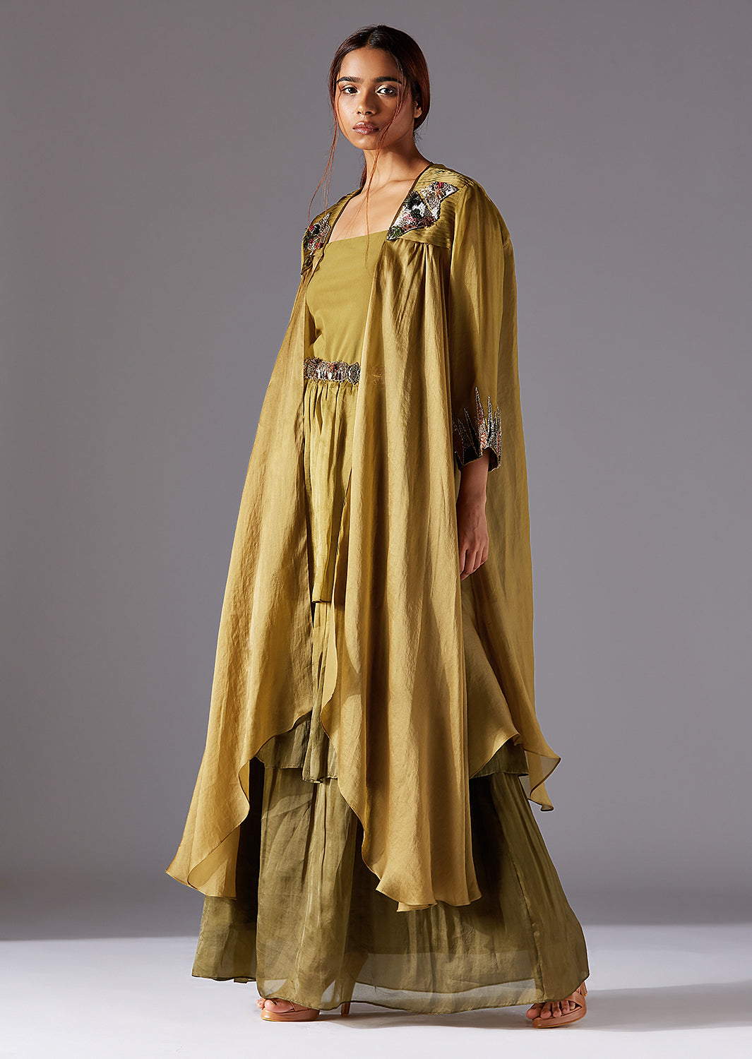 Full View of Hamada Cape & 3-Tiered Ankle Length Dress Set with Elegant Organza Cape