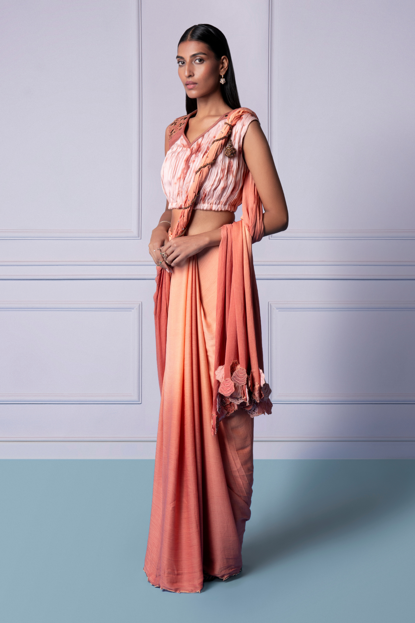 Razor Back ruching top with multi-hued saree and 3D details, a unique top saree set for modern Indian elegance