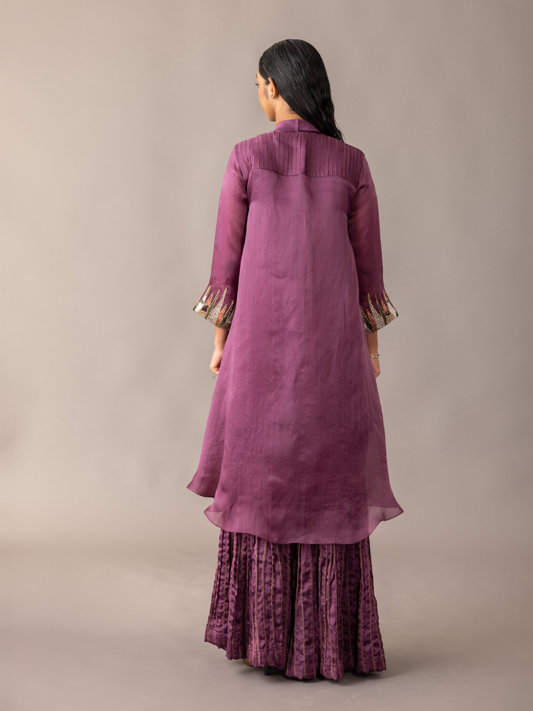 Elegant cape-style Wine Hamada Kurta Set for women, perfect for evening wear and festivals.