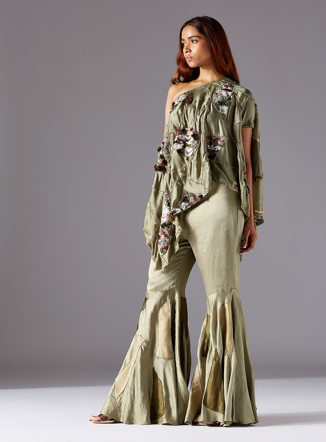 One Shoulder Cape and Designer Sharara Dress with Abstract Patches and Flared Style