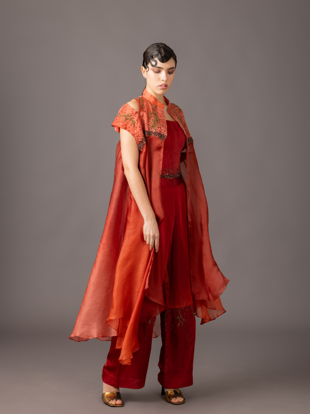 Side View of Desert Rose Corset & Cape - Designer Women's Outfit with Satin Organza Fabric