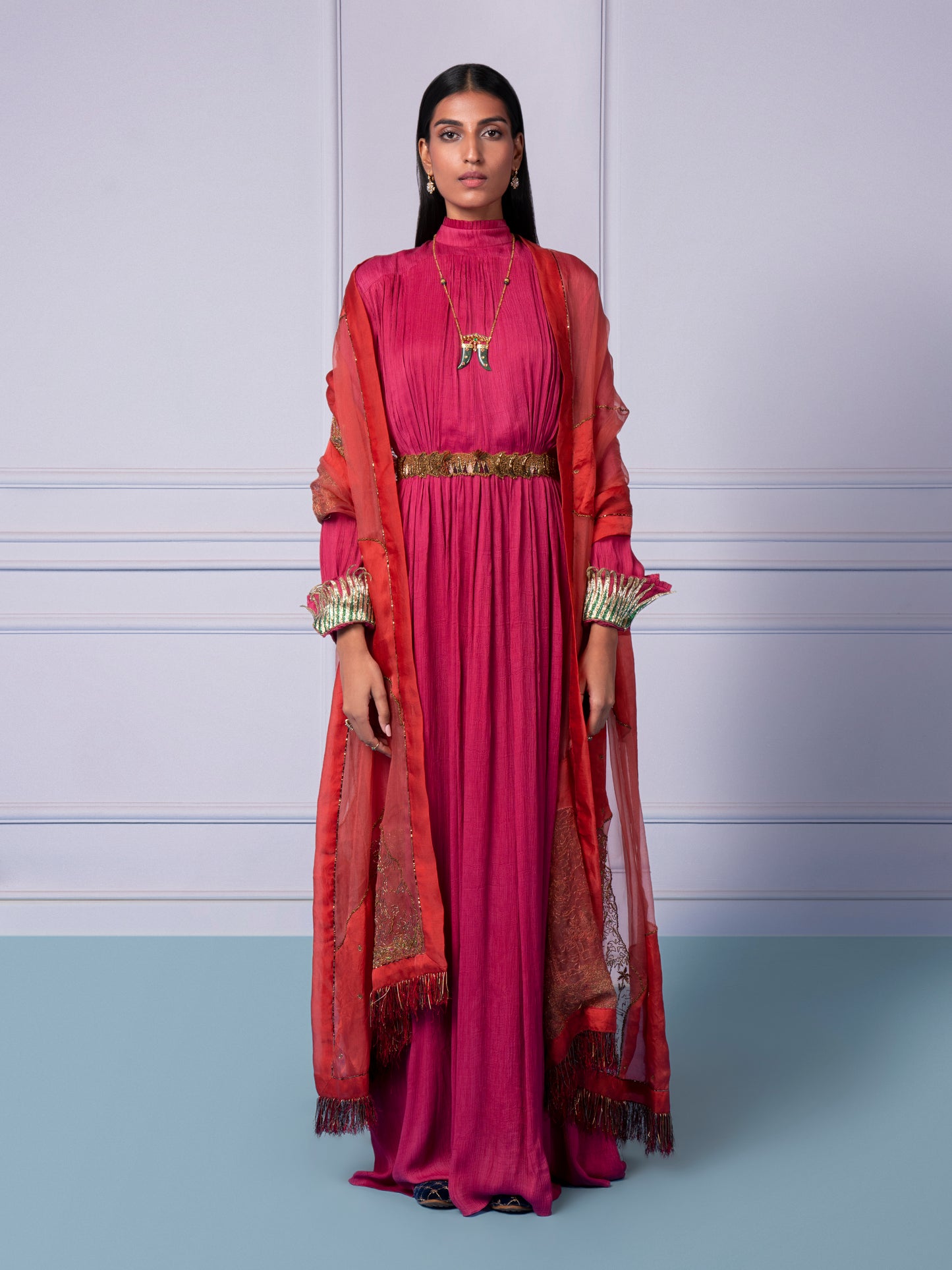 Full View of Rumi Pink Couture Gown with Embroidered Dupatta, showcasing luxury women’s fashion