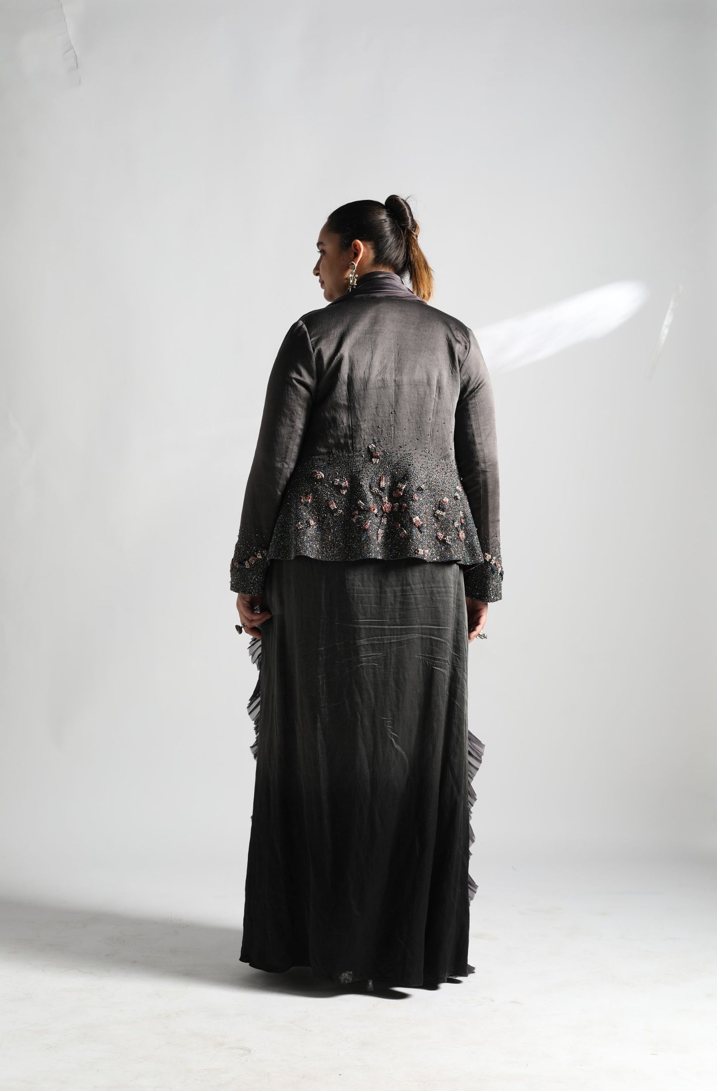 Embroidered jacket womens back view – Stylish embroidered jacket for women, showcasing intricate back embroidery.