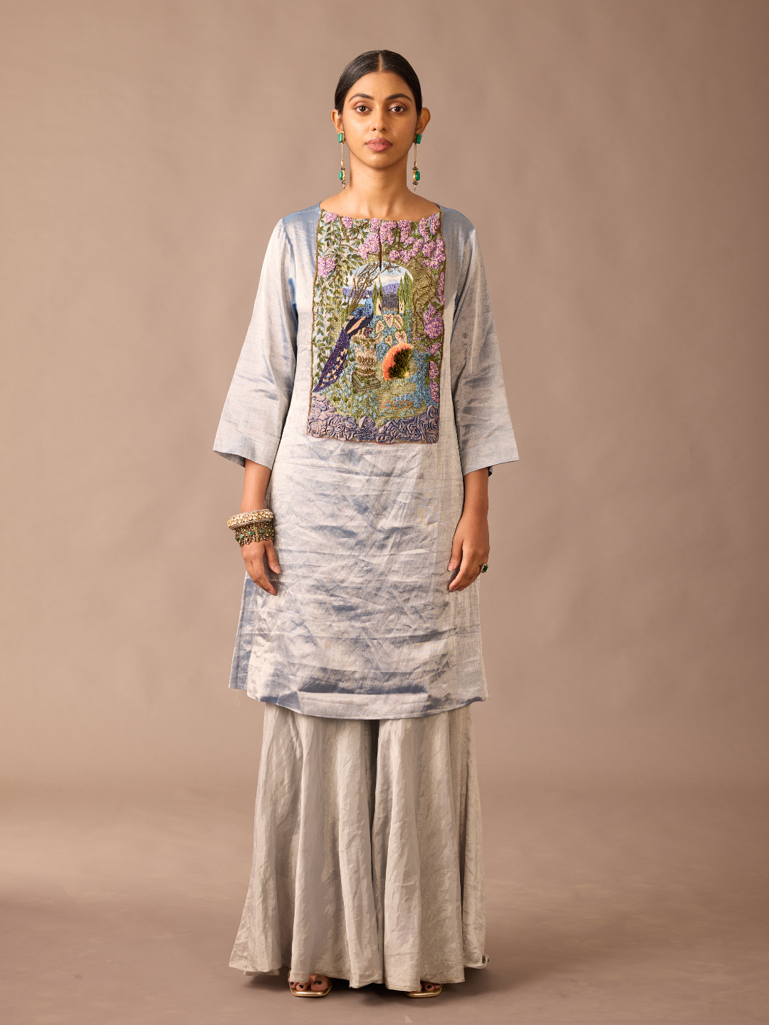 Peacock Metallic Tissue Kurta with Sharara - Hand Embroidered Designer Ethnic Wear for Women