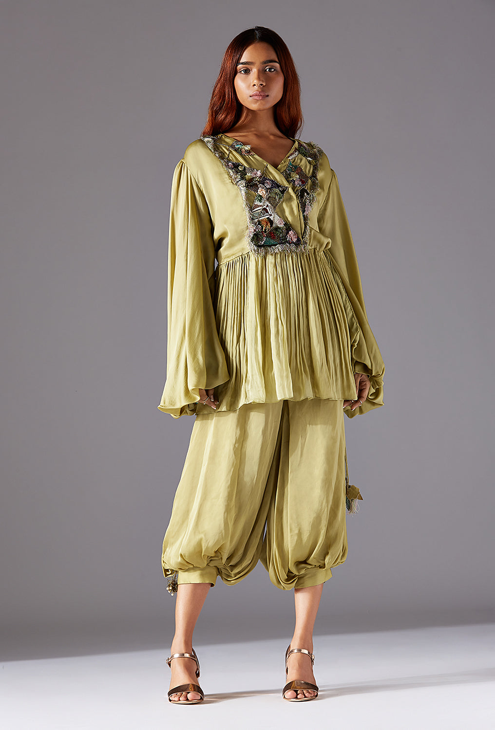 Elegant Minicoy Satin Wrap Dress with Flare Design, Cuff Sleeves & Embroidery - Perfect Women's Fashion
