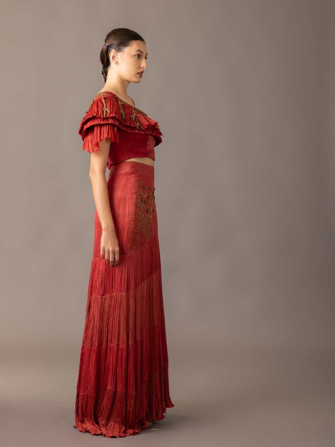 Designer Gill Fungi Blouse with pleated Thar Skirt - Perfect modern combination for party wear