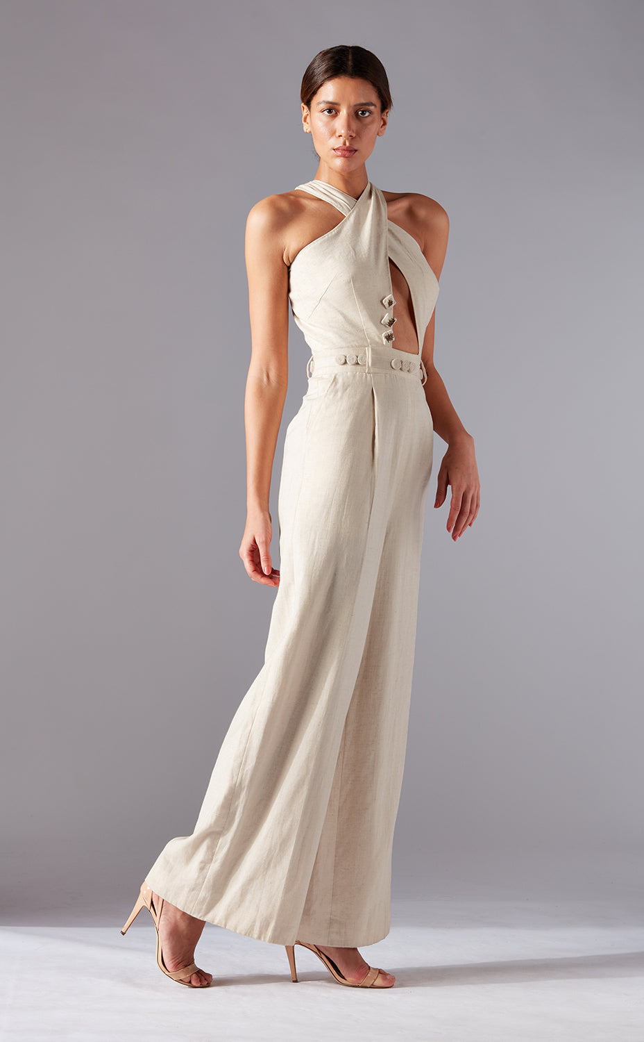 Full view of the modern jumpsuit for women in khadi, highlighting the wide-leg silhouette and unique design