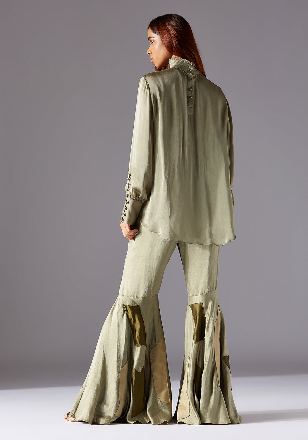 Back View of Classic High-Neck Shirt & Designer Sharara Dress with Contrasting Abstract Patches