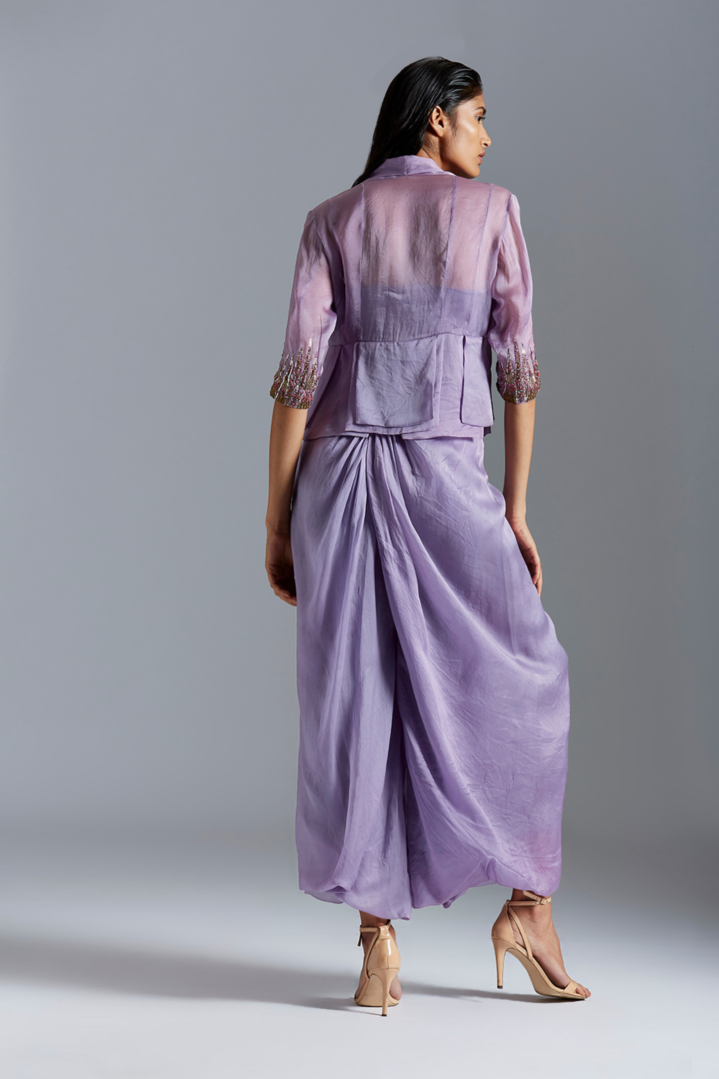 Back view of the dhoti pants and top set, highlighting the elegant design and craftsmanship of the embroidery