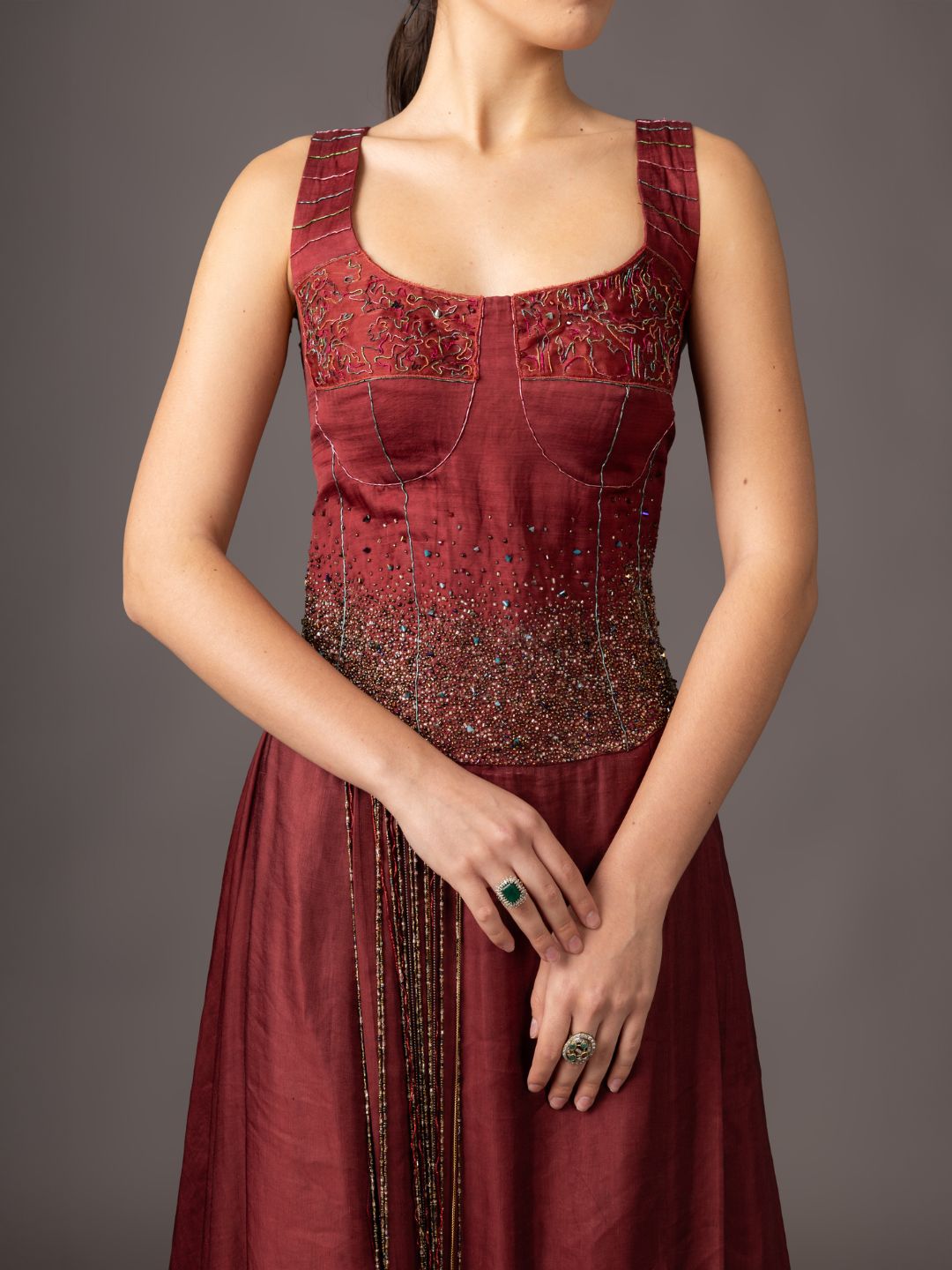Close-up of Hand Embroidery on Maroon Tuxedo Jacket - High-End Designer Outfit