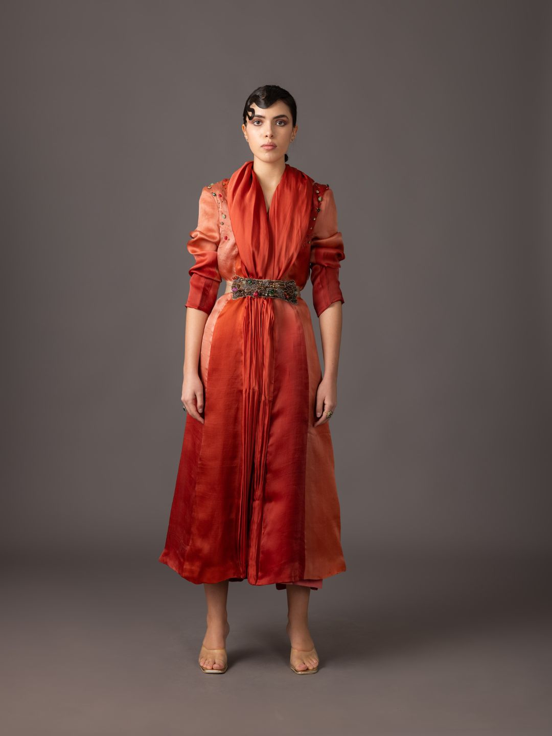 Namib Red Jacket with Draped Collar & Embroidered Navratna Belt - Luxury Satin Organza Outfit