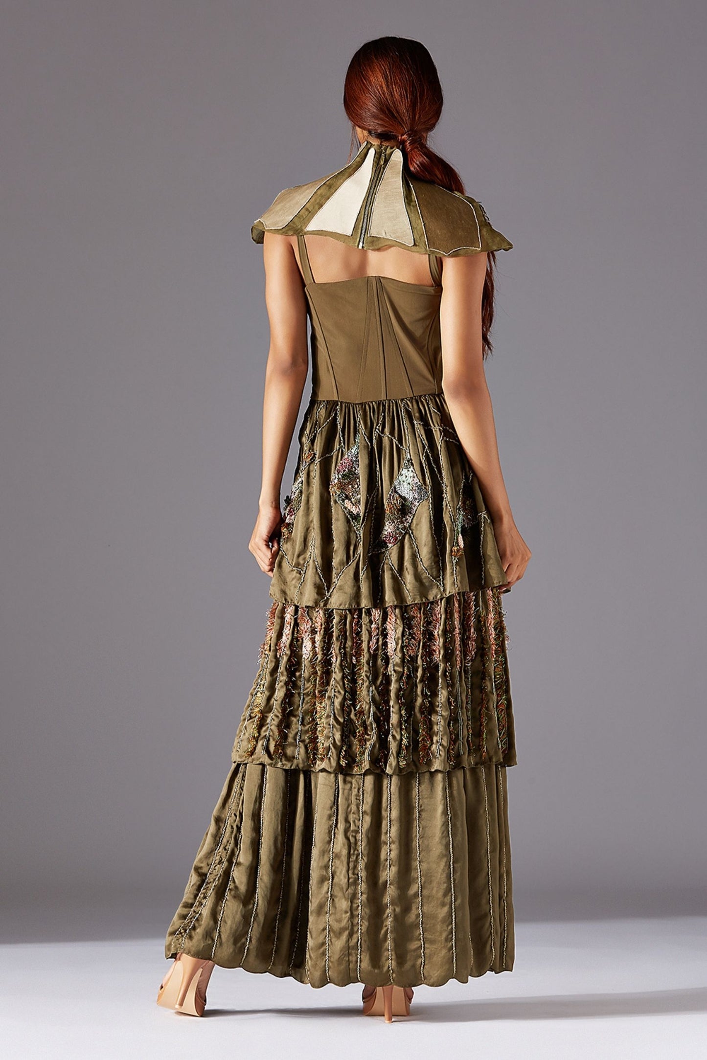 Back View of Topiary Couture Gown with Corset & Puzzle Shoulder Sash - Luxury Women's Gown