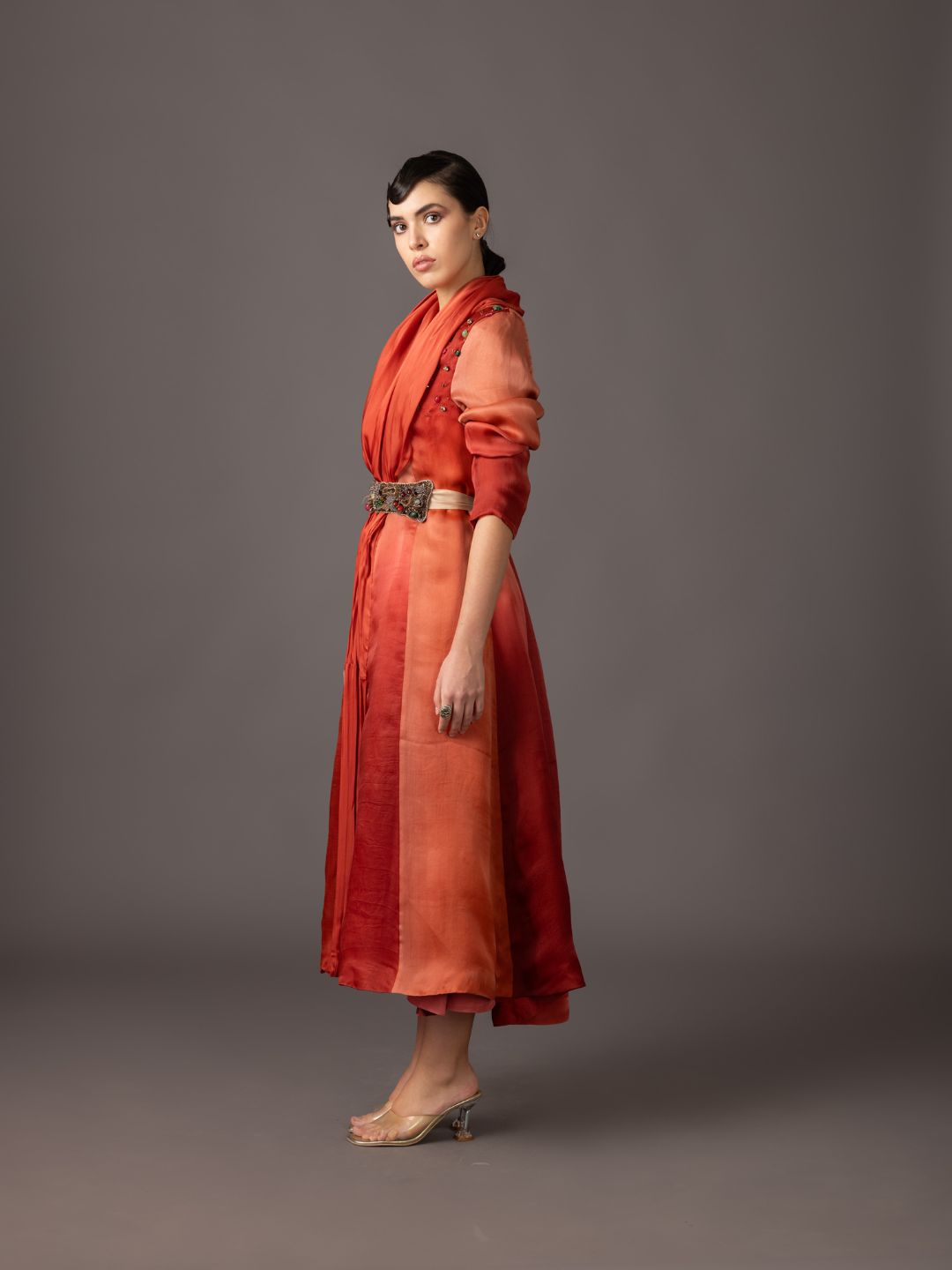 Satin Organza Fabric of Namib Red Jacket with Intricate 3D Metallic Embroidery