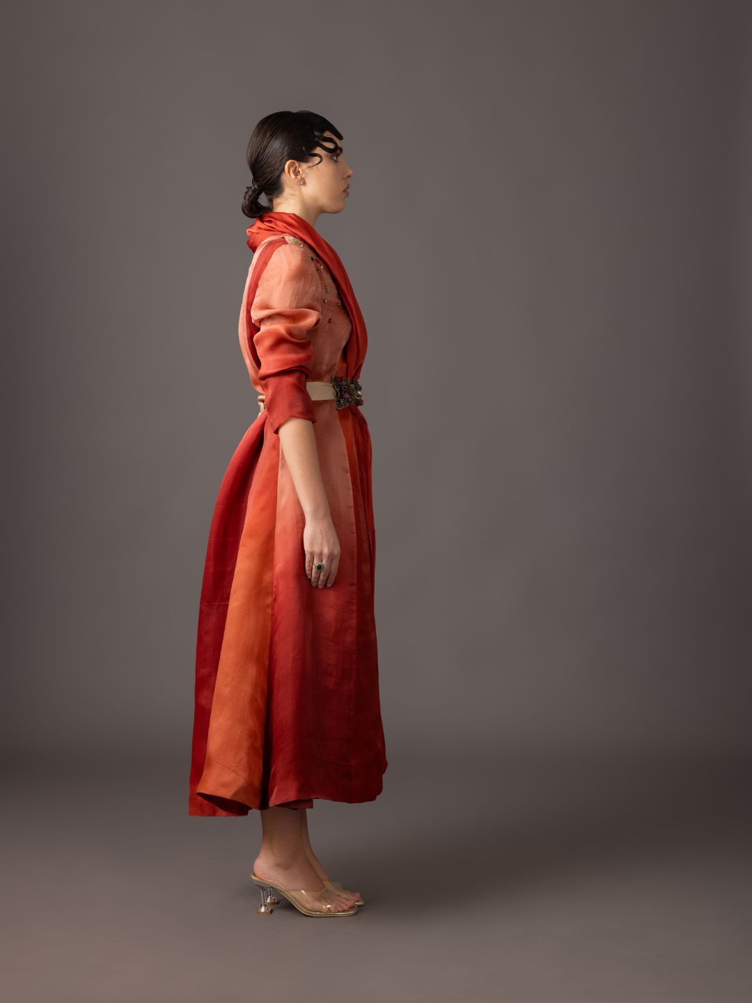 Side View of Namib Red Jacket with Embroidered Navratna Belt - Sophisticated Satin Organza Style