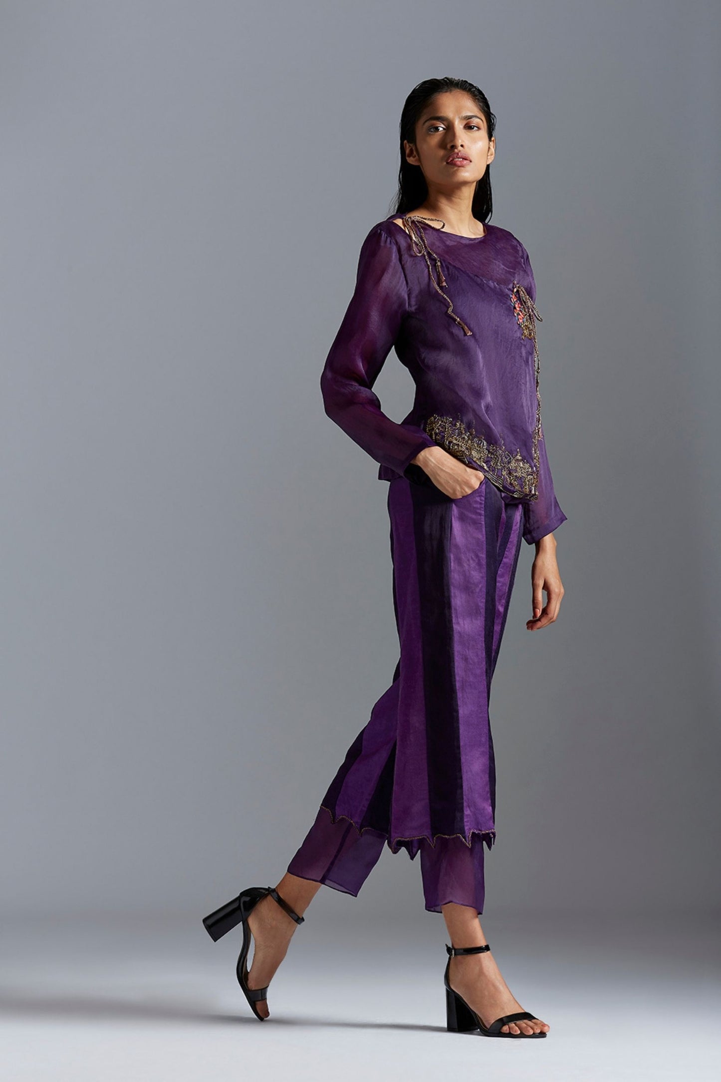 Pant and top set for women with satin organza Angarakha coat and metallic embroidery paired with color-block layered pants