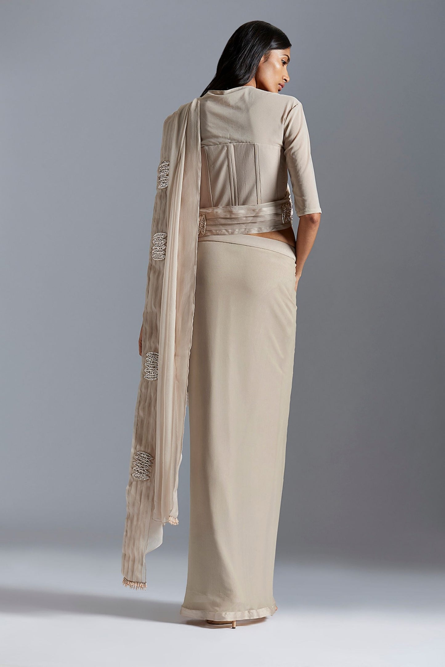 Back view of the corset blouse top with Mukaish work, showcasing the elegant fit and design