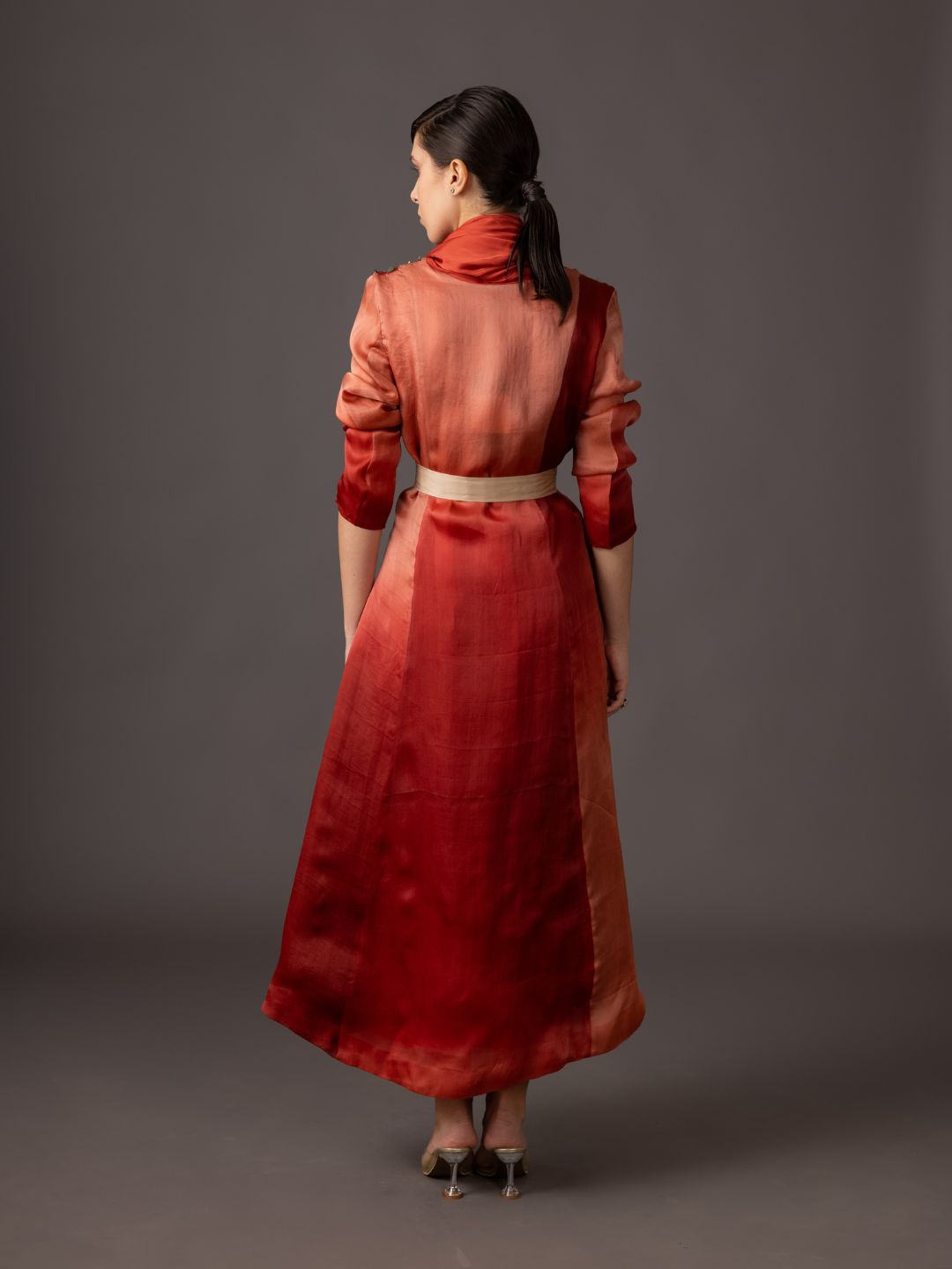 Back View of Namib Red Jacket with Draped Collar - Elegant Women's Designer Outfit