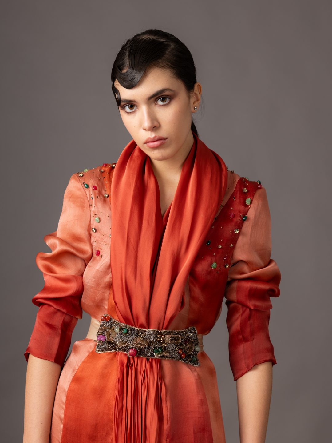 Draped Collar Detail on Namib Red Jacket - Elegant Satin Organza Design with Metallic Touches