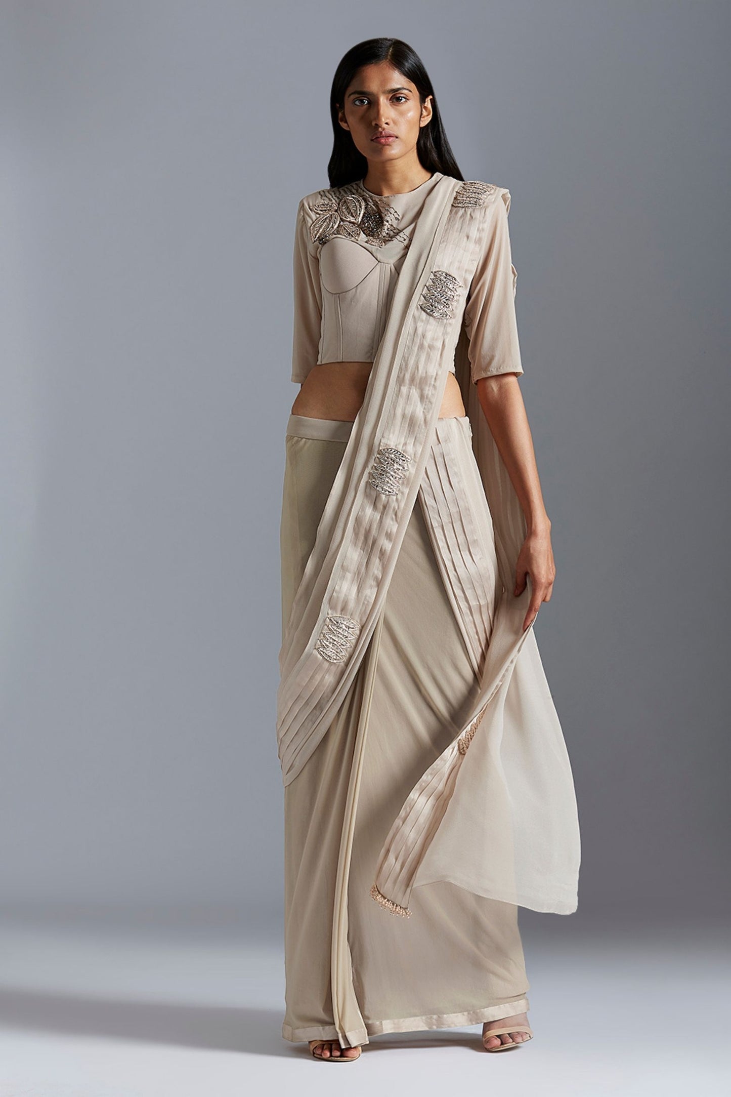 Elegant corset blouse top with handmade Mukaish embroidery, designed for a chic saree look, perfect for modern women