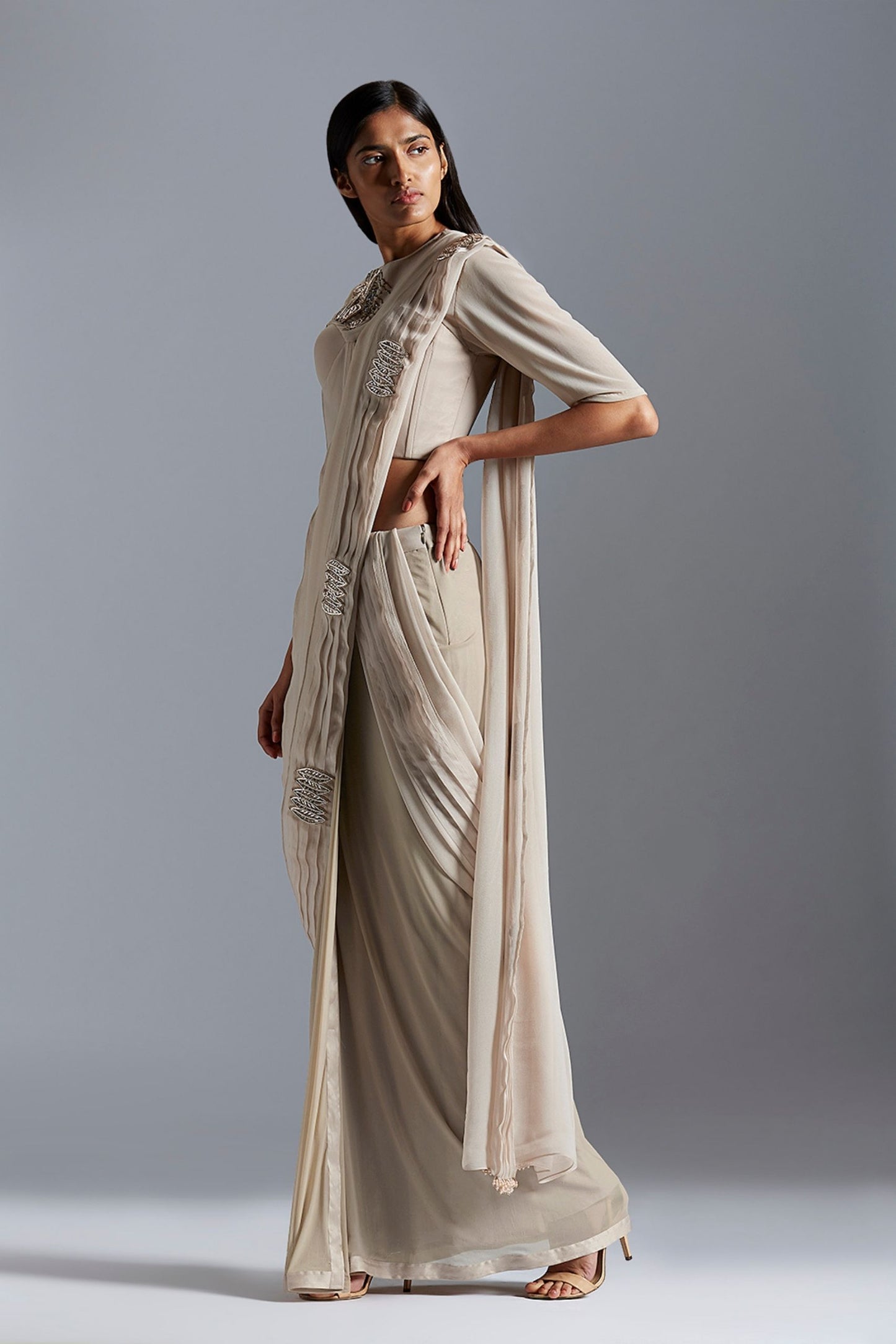 Concept saree with corset blouse top featuring intricate Mukaish embroidery, offering a stylish and elegant look for women
